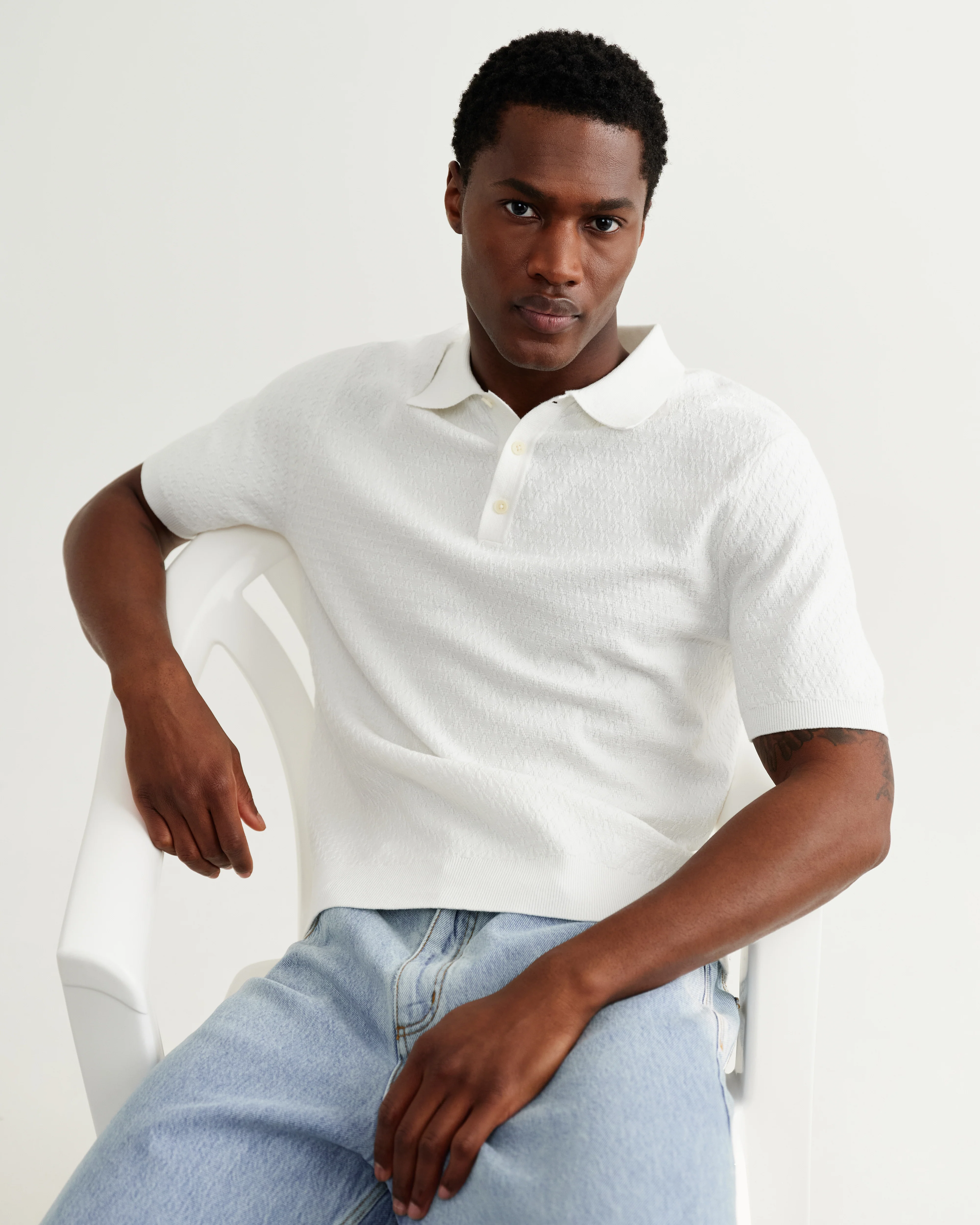 Naples - Ecru Retro Diamond Knitted Polo - Image 3