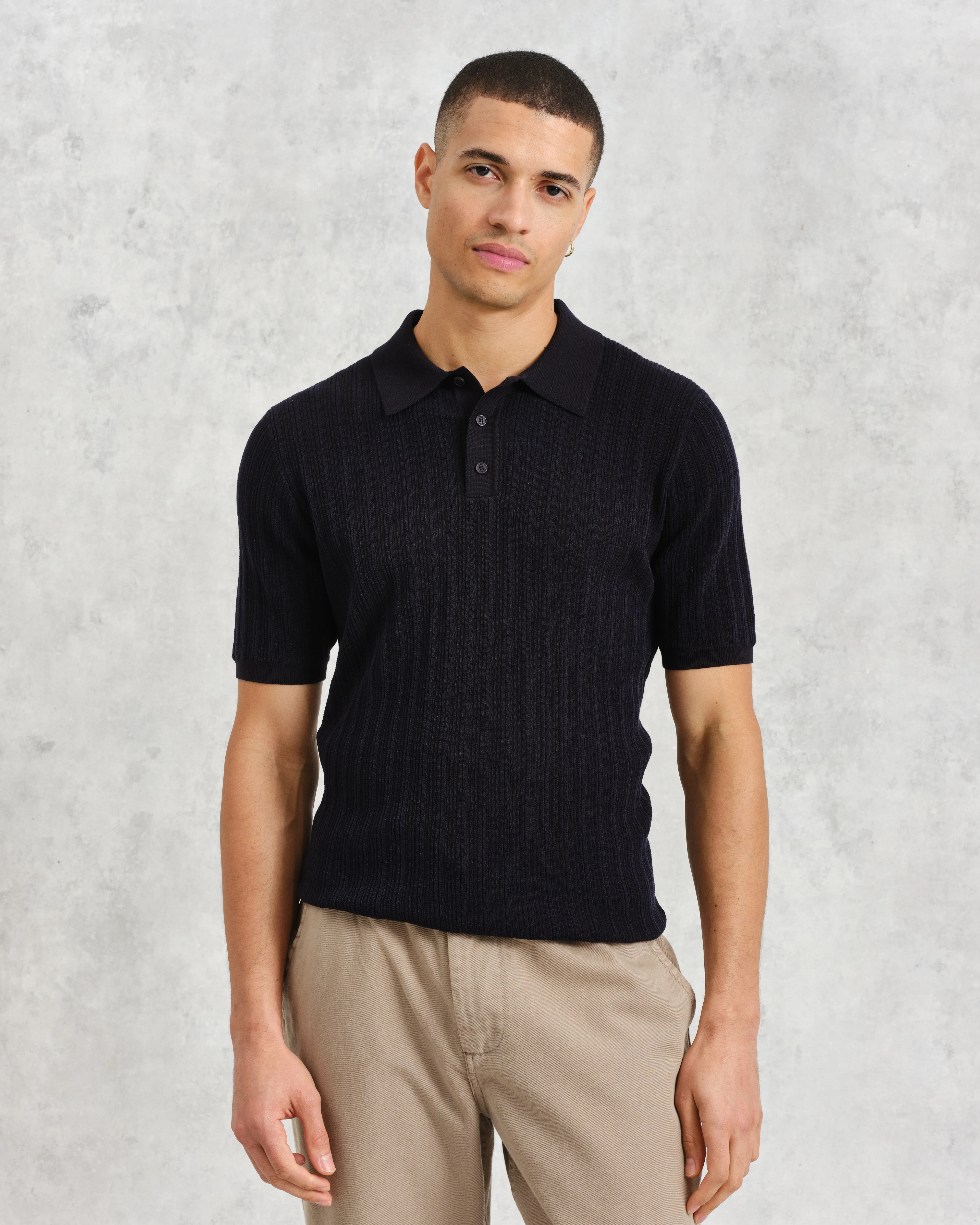 Naples - Midnight Navy Textured Knitted Polo Shirt - Image 2