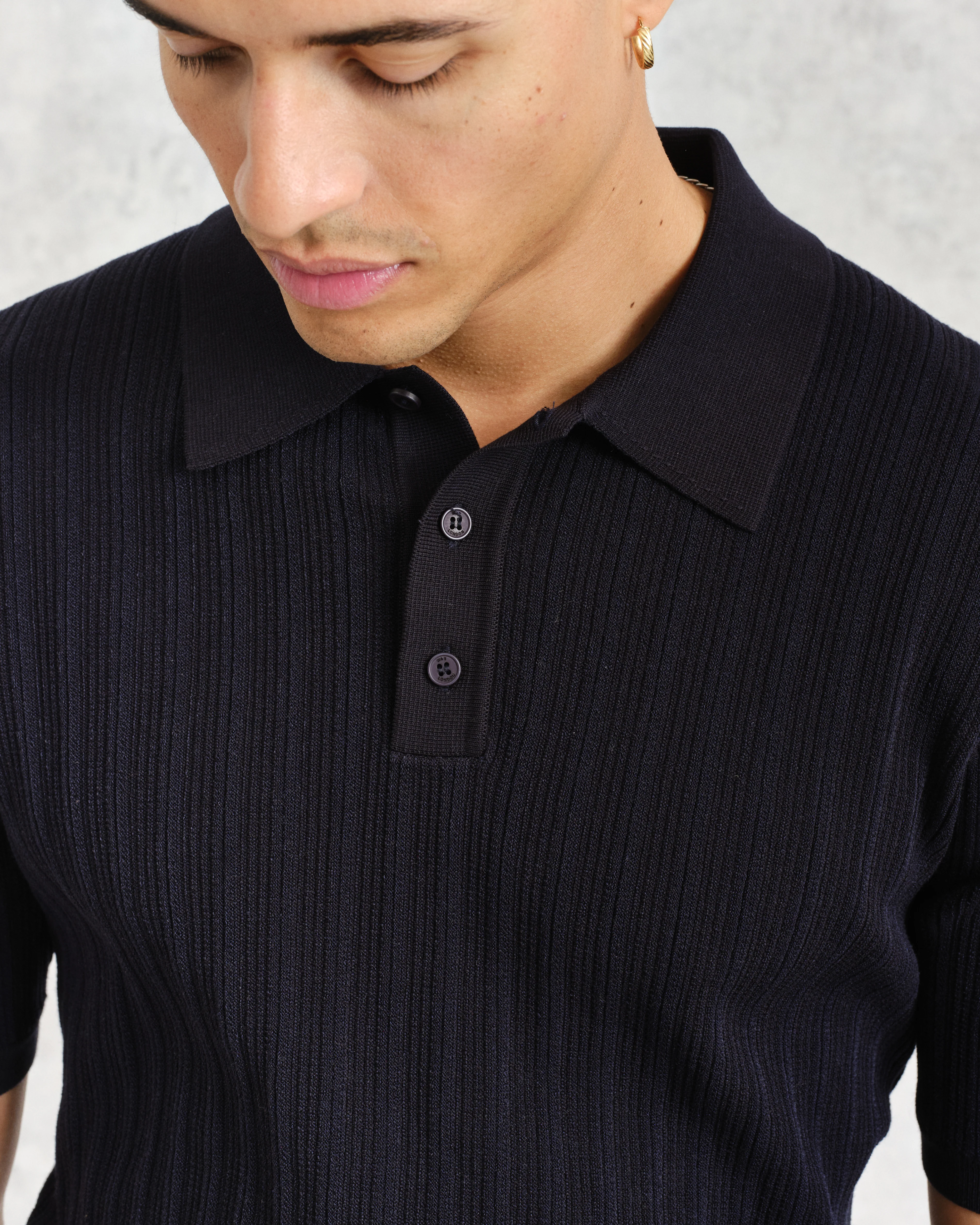 Naples - Midnight Navy Textured Knitted Polo Shirt - Image 3