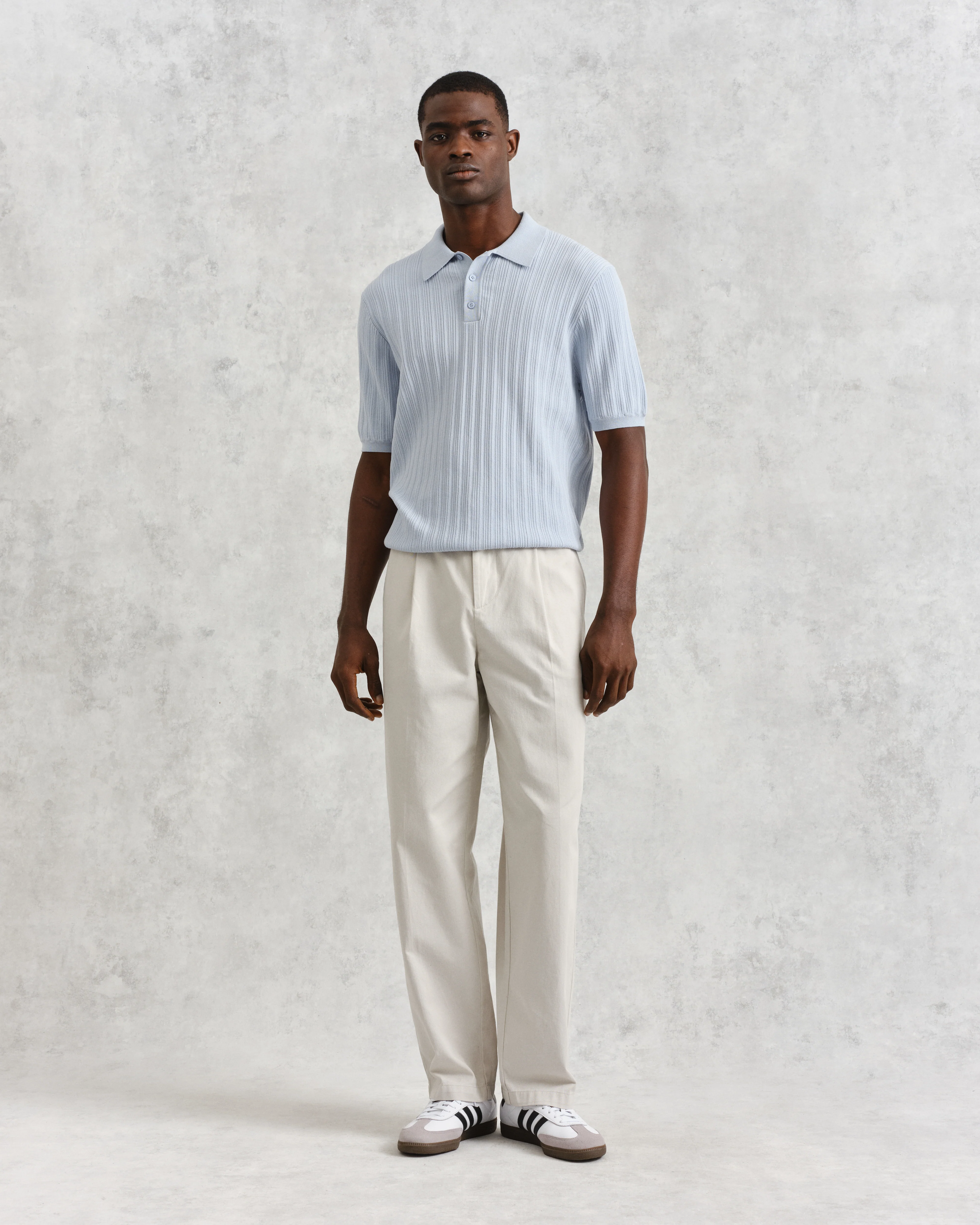 Naples - Pale Blue Textured Knitted Polo Shirt - Image 4