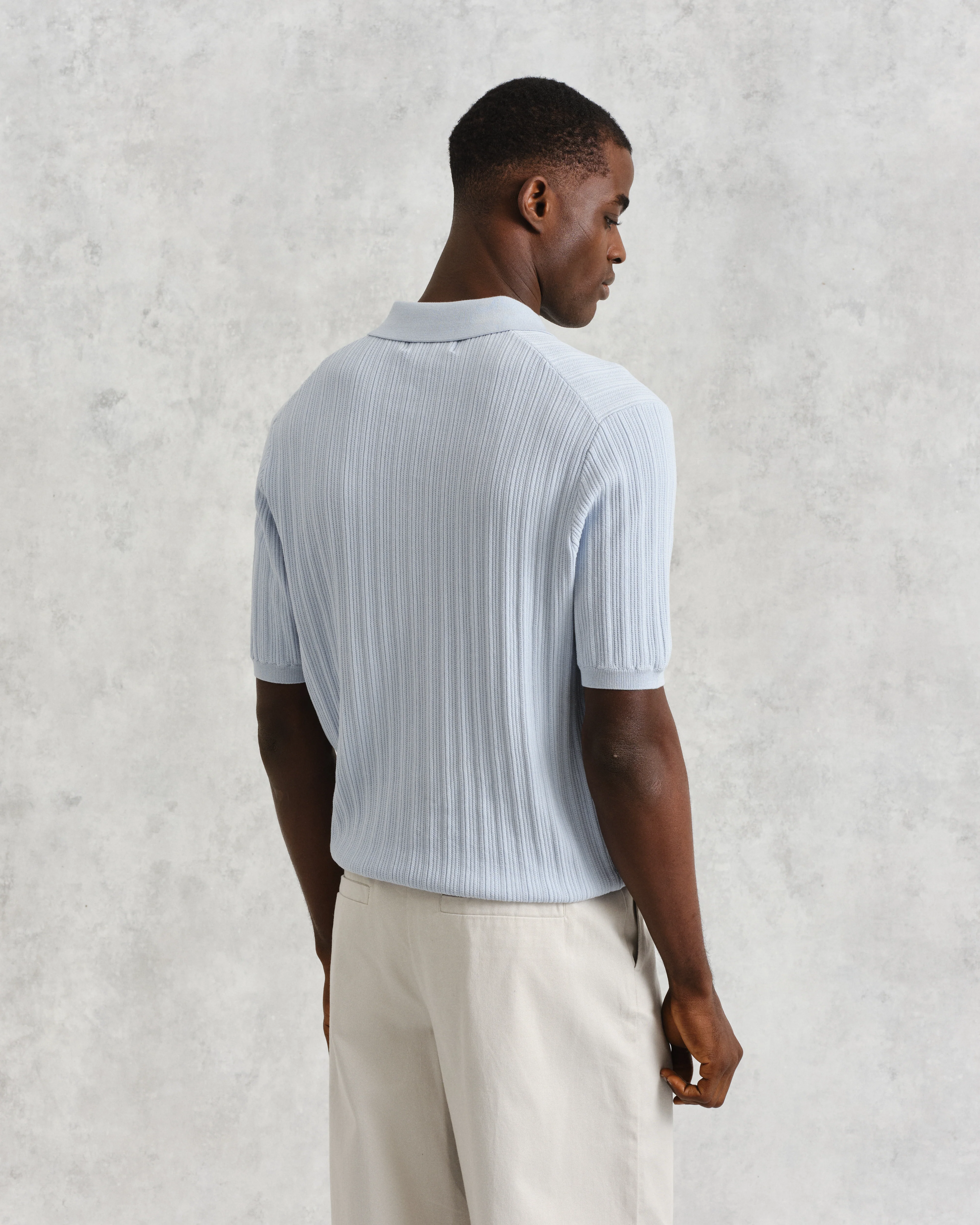 Naples - Pale Blue Textured Knitted Polo Shirt - Image 6