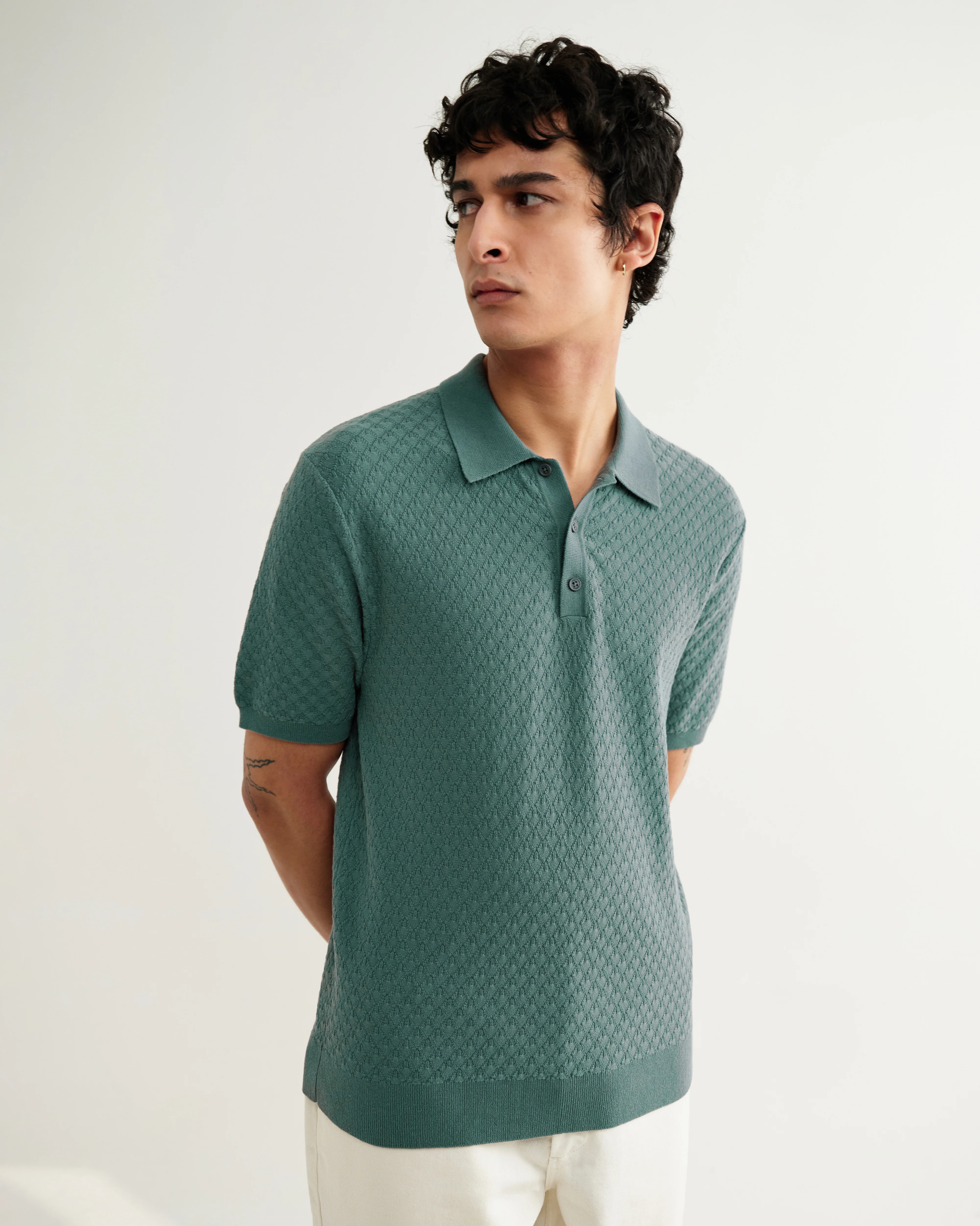 Naples - Sea Green Retro Diamond Knitted Polo - Image 2