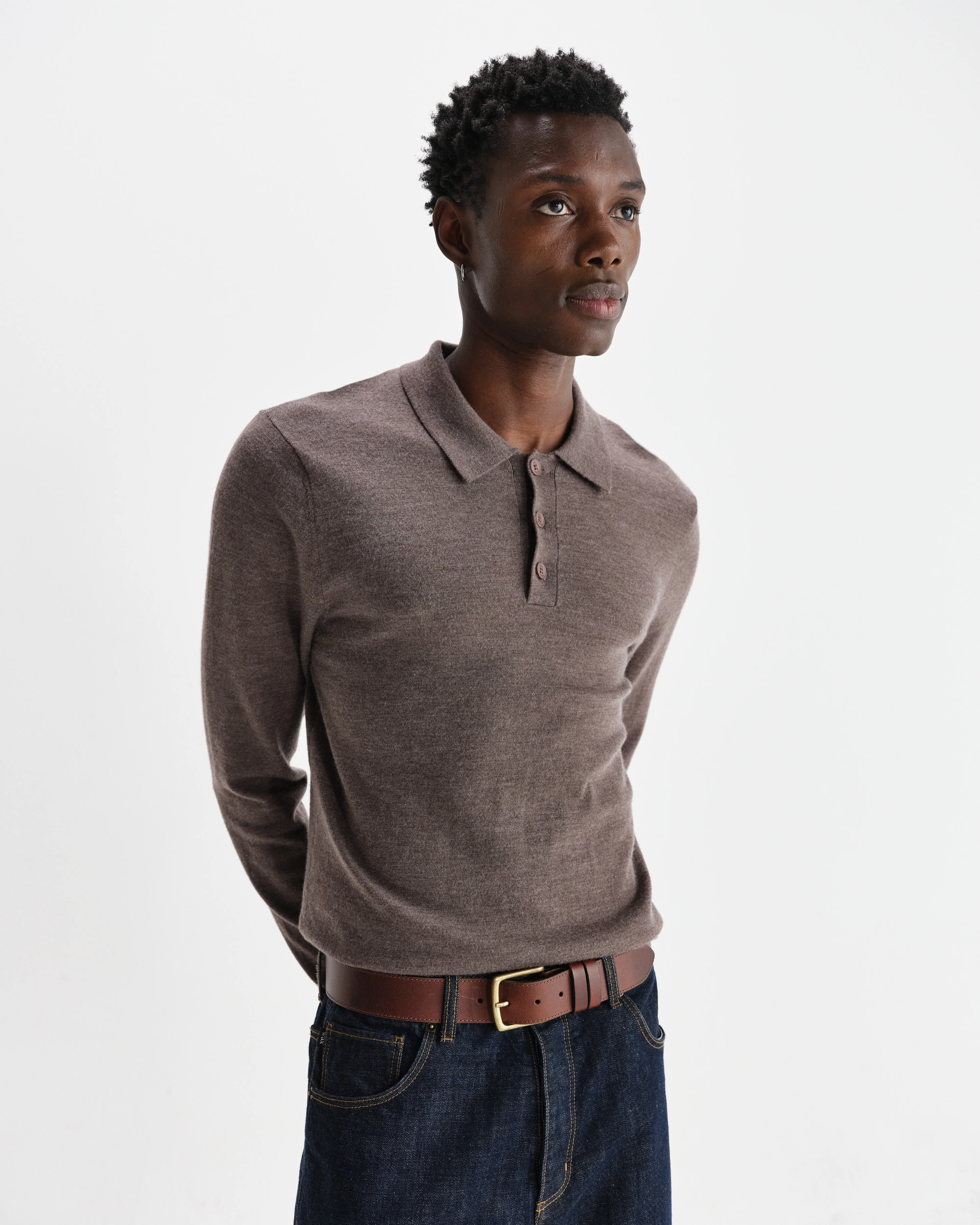 Oban - Brown Marl Worsted Wool Knitted Polo - Image 2