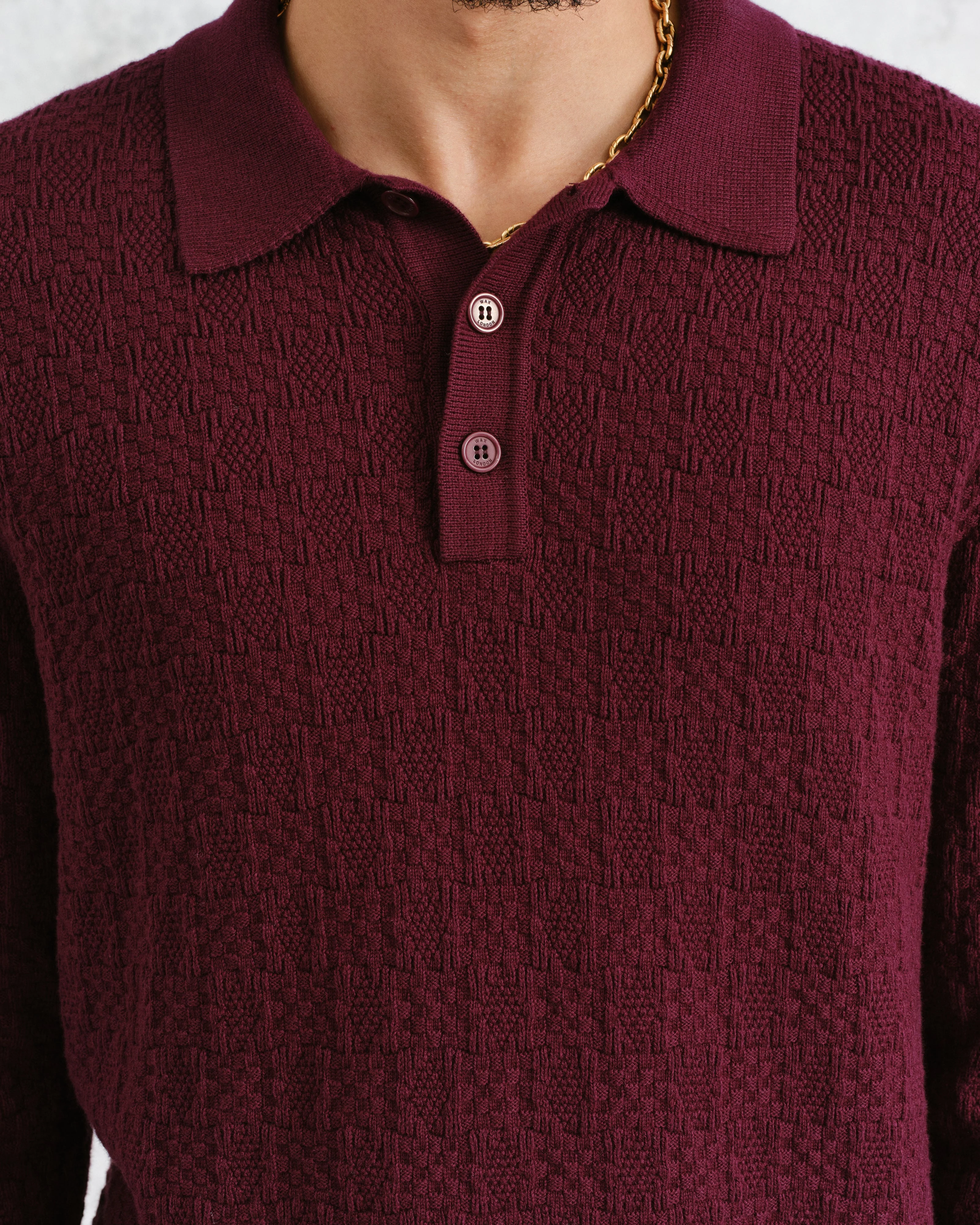 Oban - Burgundy Textured-Check Knitted Long Sleeve Polo Shirt - Image 3