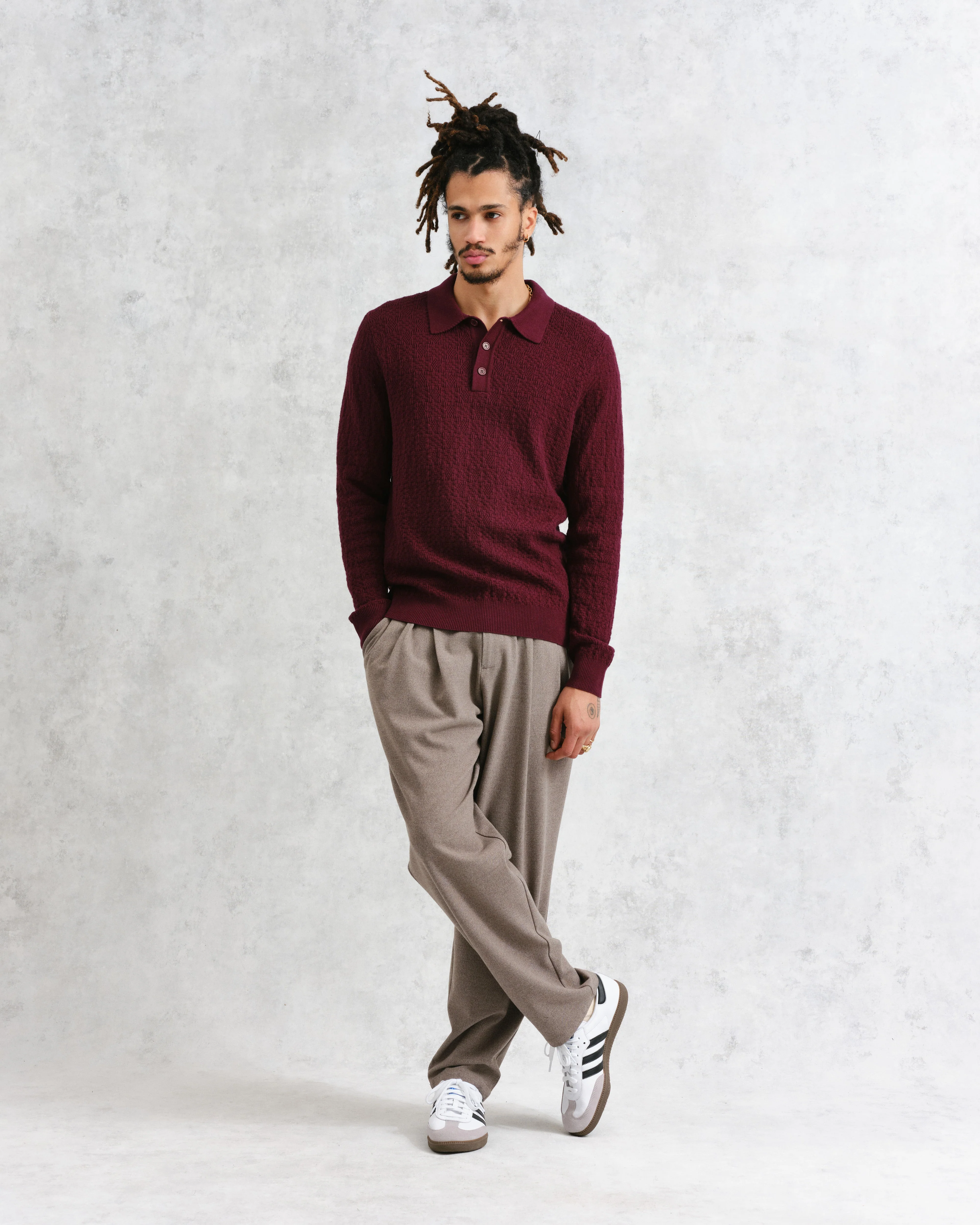 Oban - Burgundy Textured-Check Knitted Long Sleeve Polo Shirt - Image 4