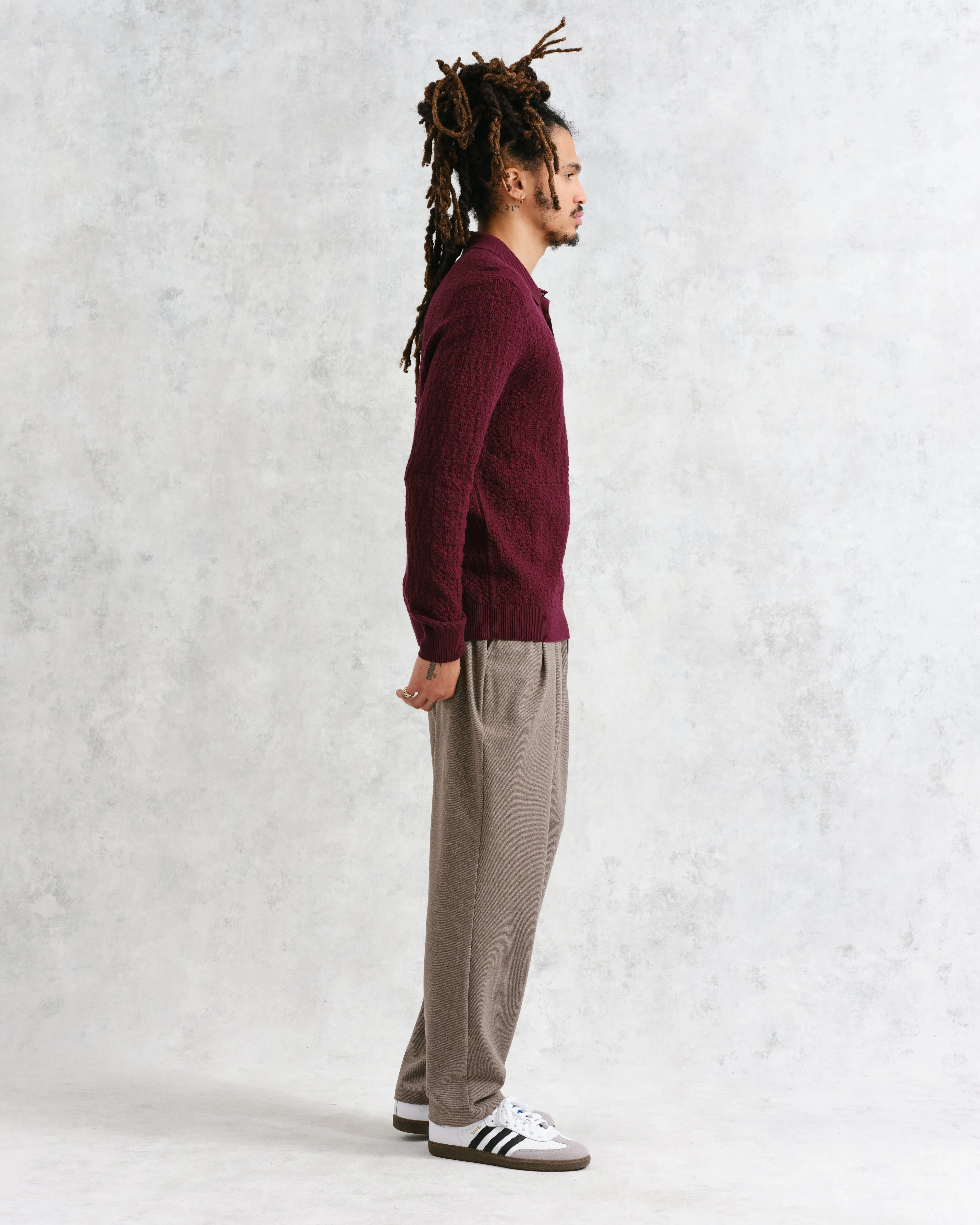 Oban - Burgundy Textured-Check Knitted Long Sleeve Polo Shirt - Image 5