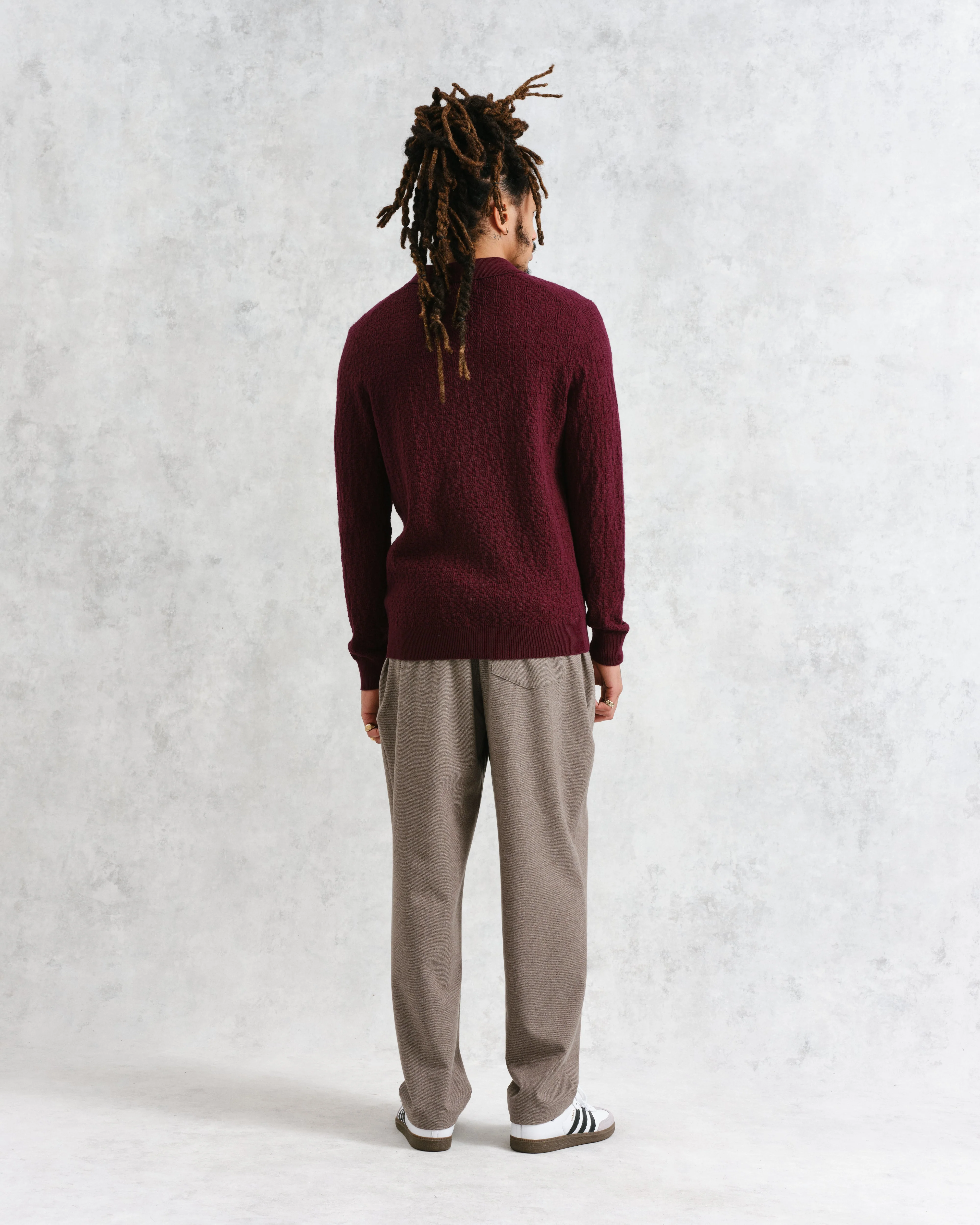 Oban - Burgundy Textured-Check Knitted Long Sleeve Polo Shirt - Image 6