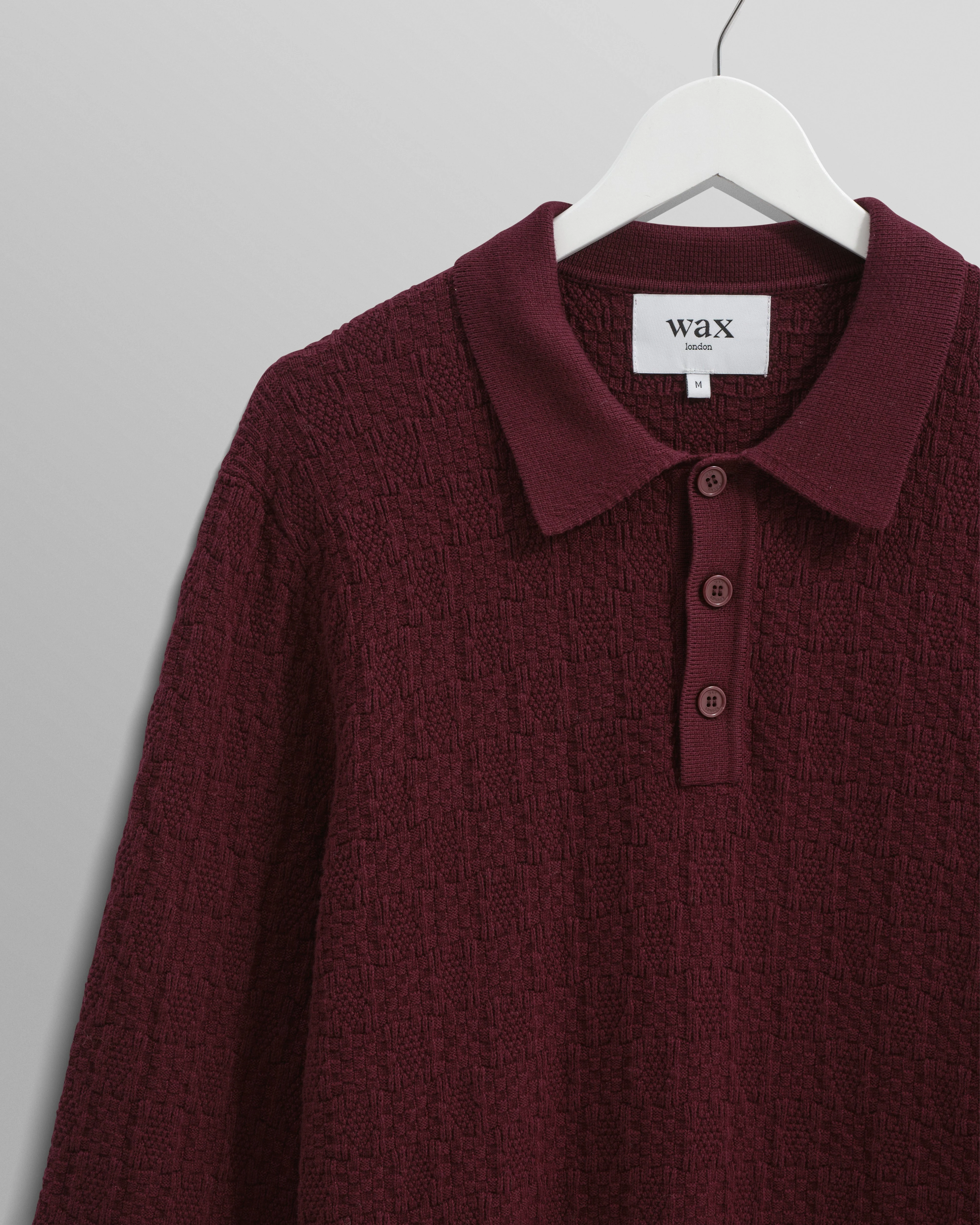 Oban - Burgundy Textured-Check Knitted Long Sleeve Polo Shirt - Image 8