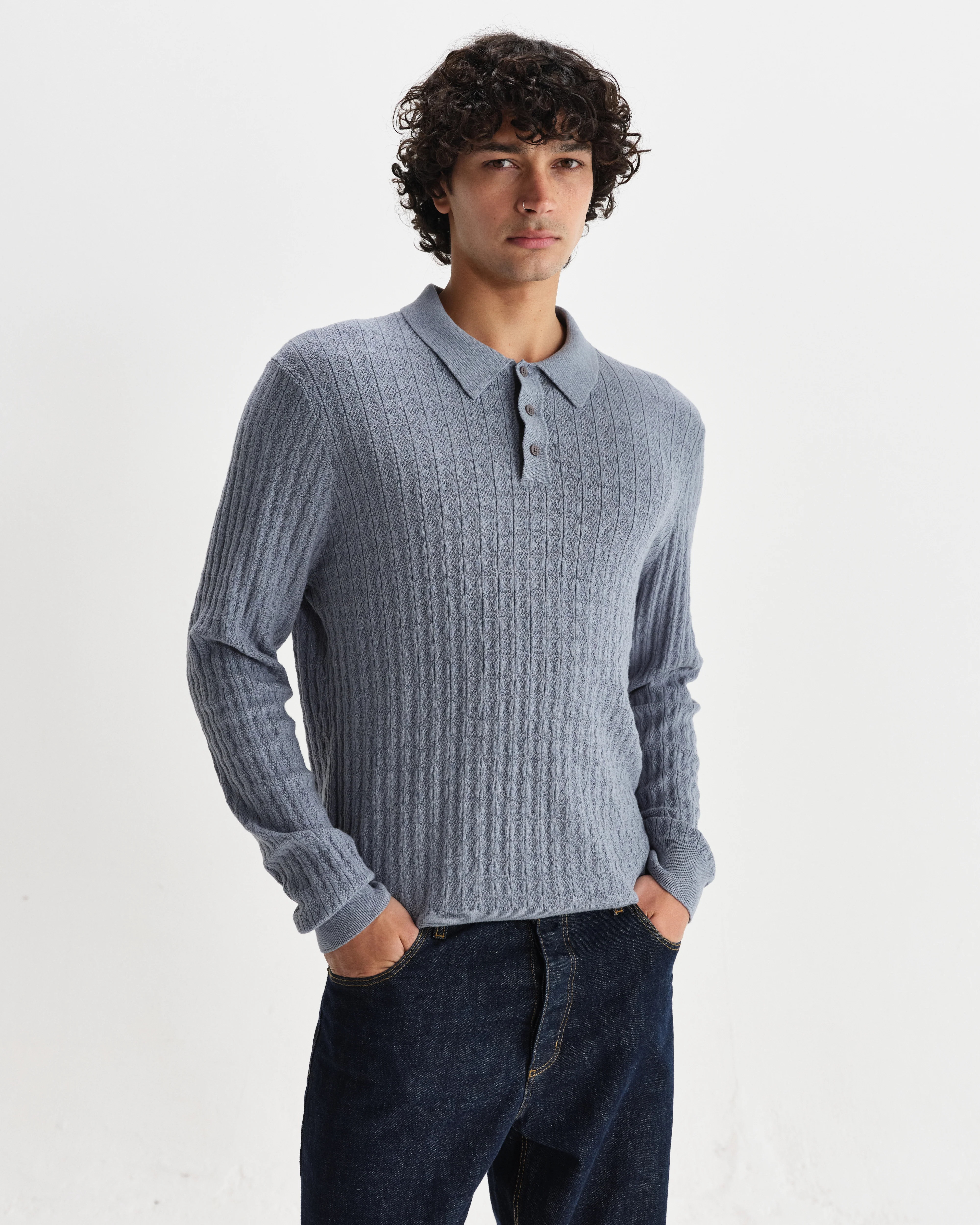 Oban - Grey Blue Diamond Stripe Knitted Polo - Image 2