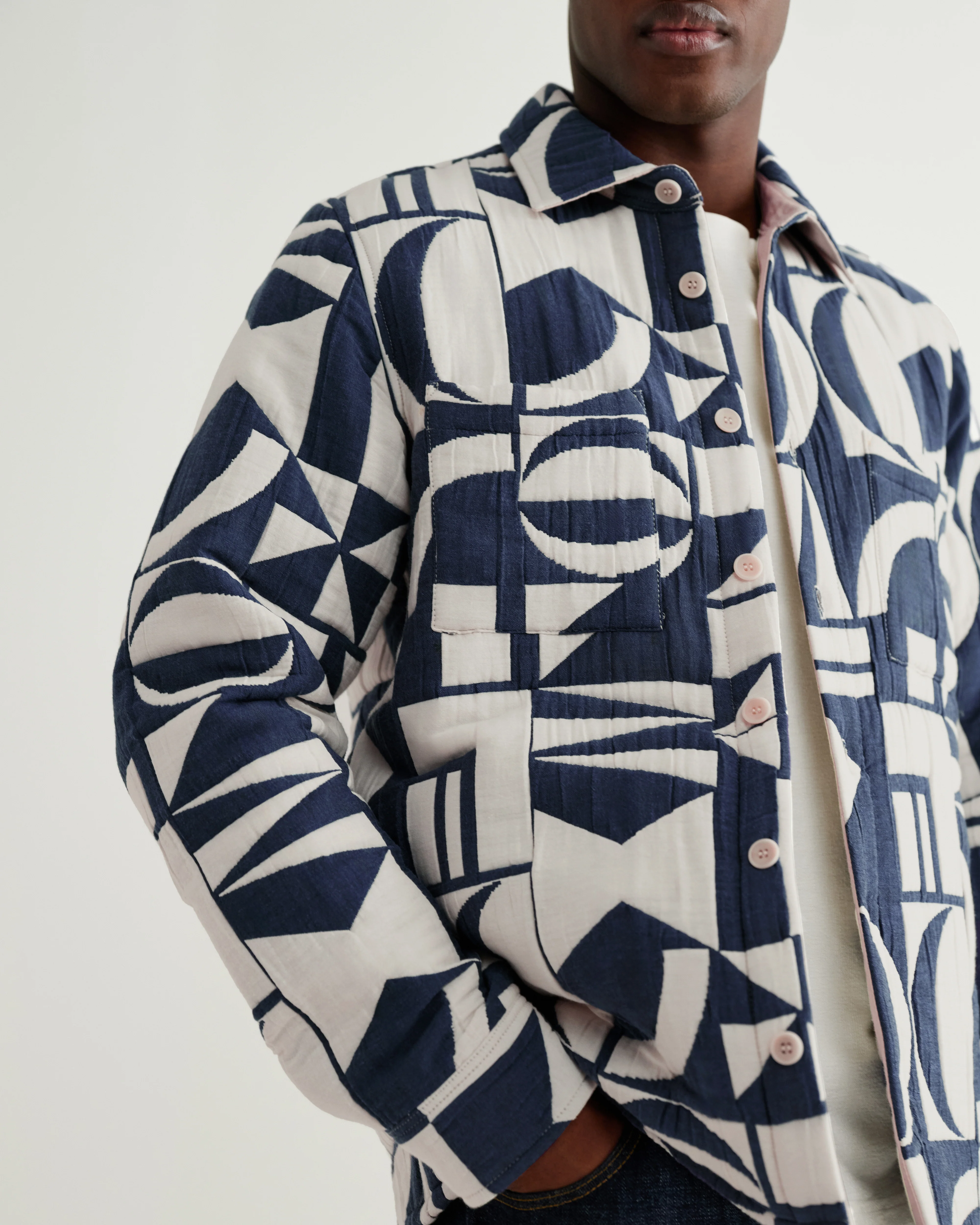 Otto - Blue And Ecru Quilted Jacquard Overshirt - Image 3