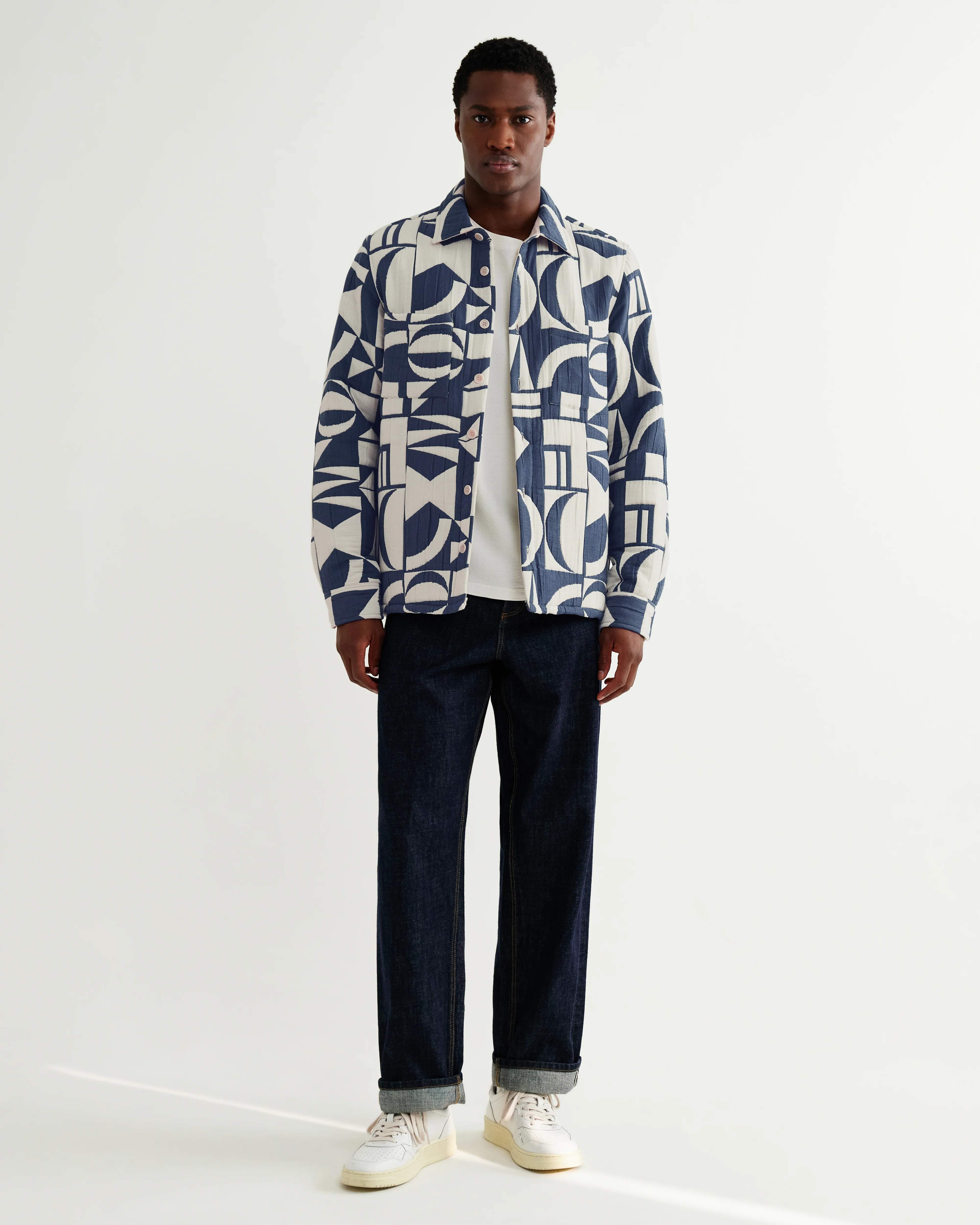 Otto - Blue And Ecru Quilted Jacquard Overshirt - Image 4