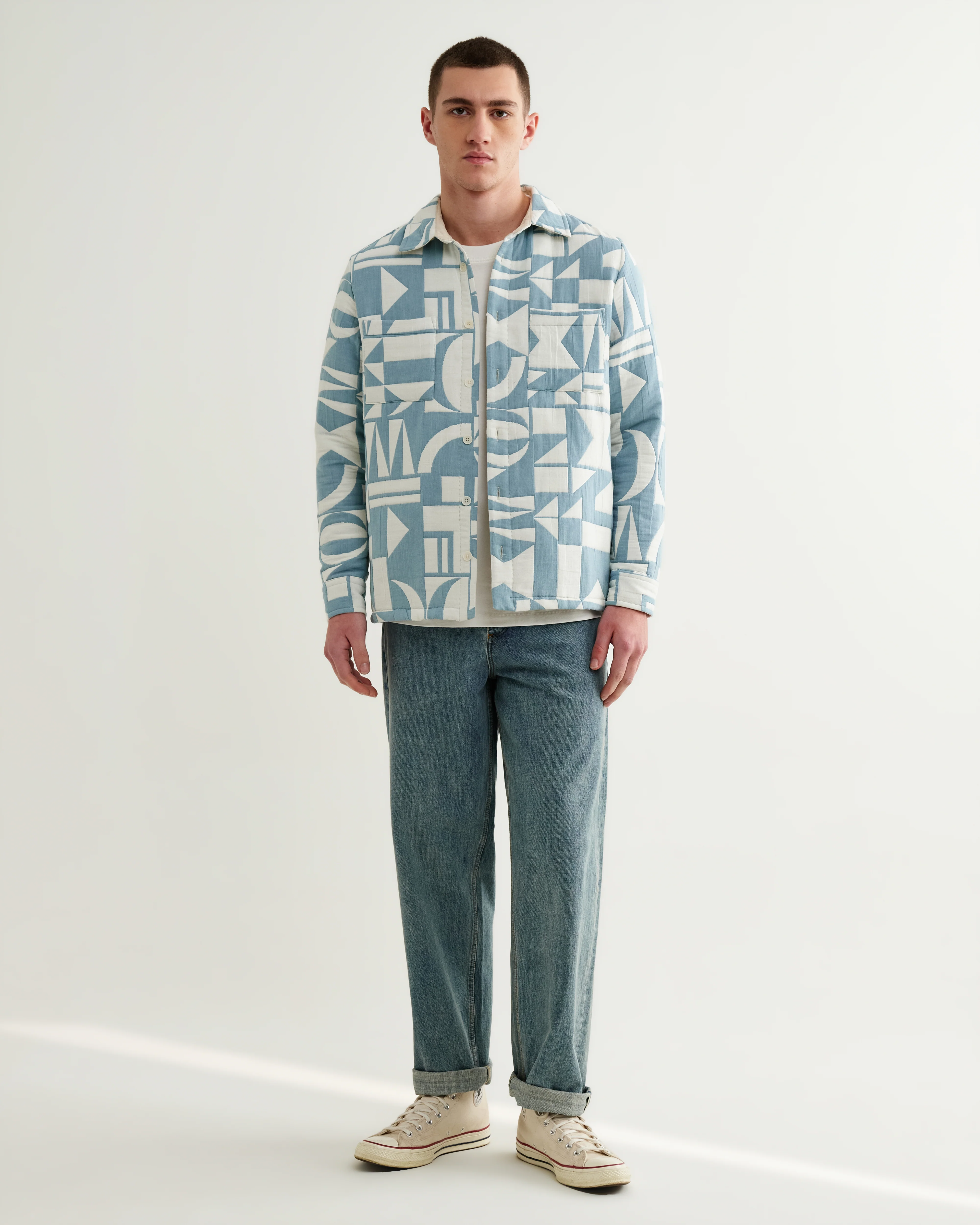 Otto - Light Blue And Ecru Quilted Jacquard Overshirt - Image 4