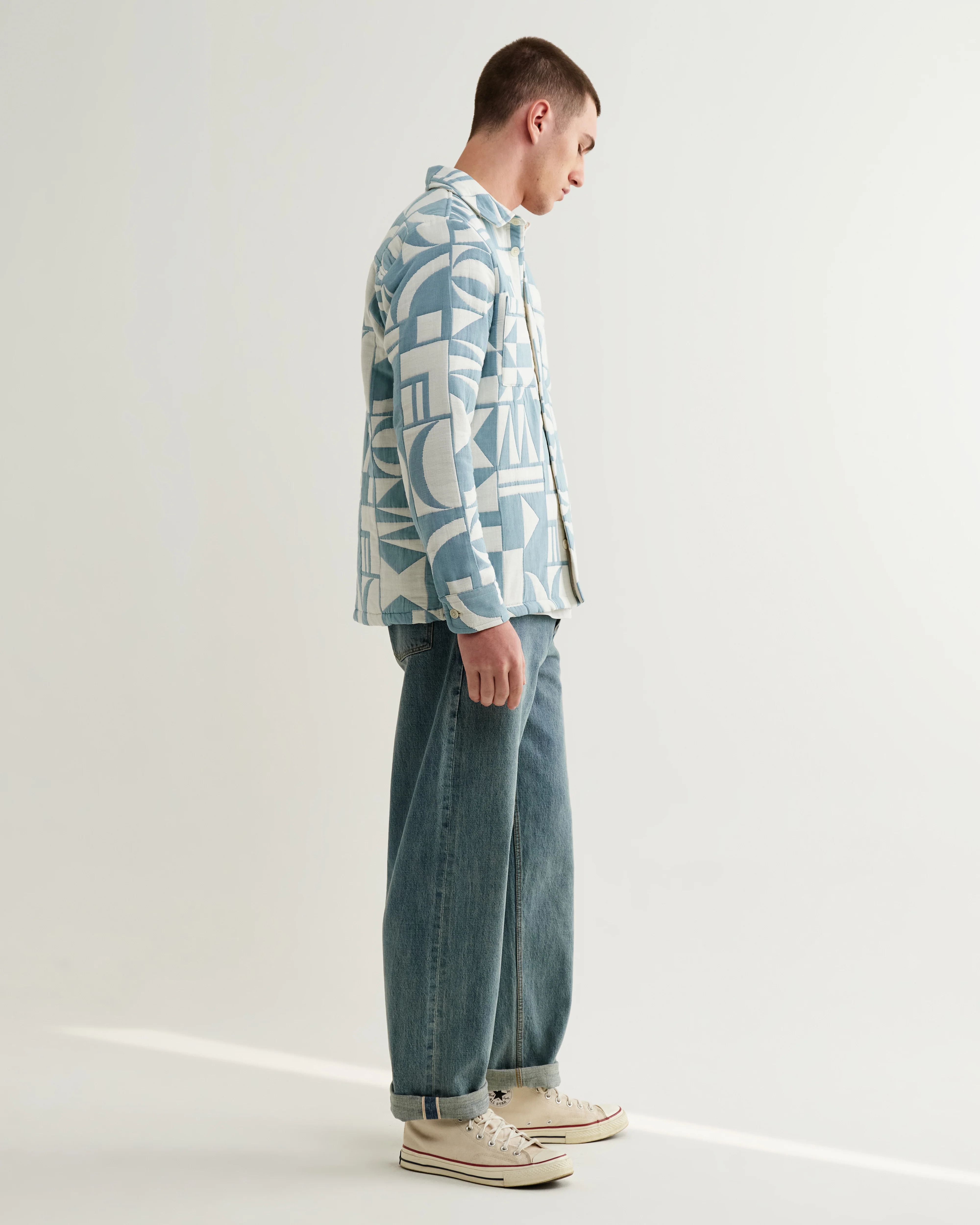 Otto - Light Blue And Ecru Quilted Jacquard Overshirt - Image 5