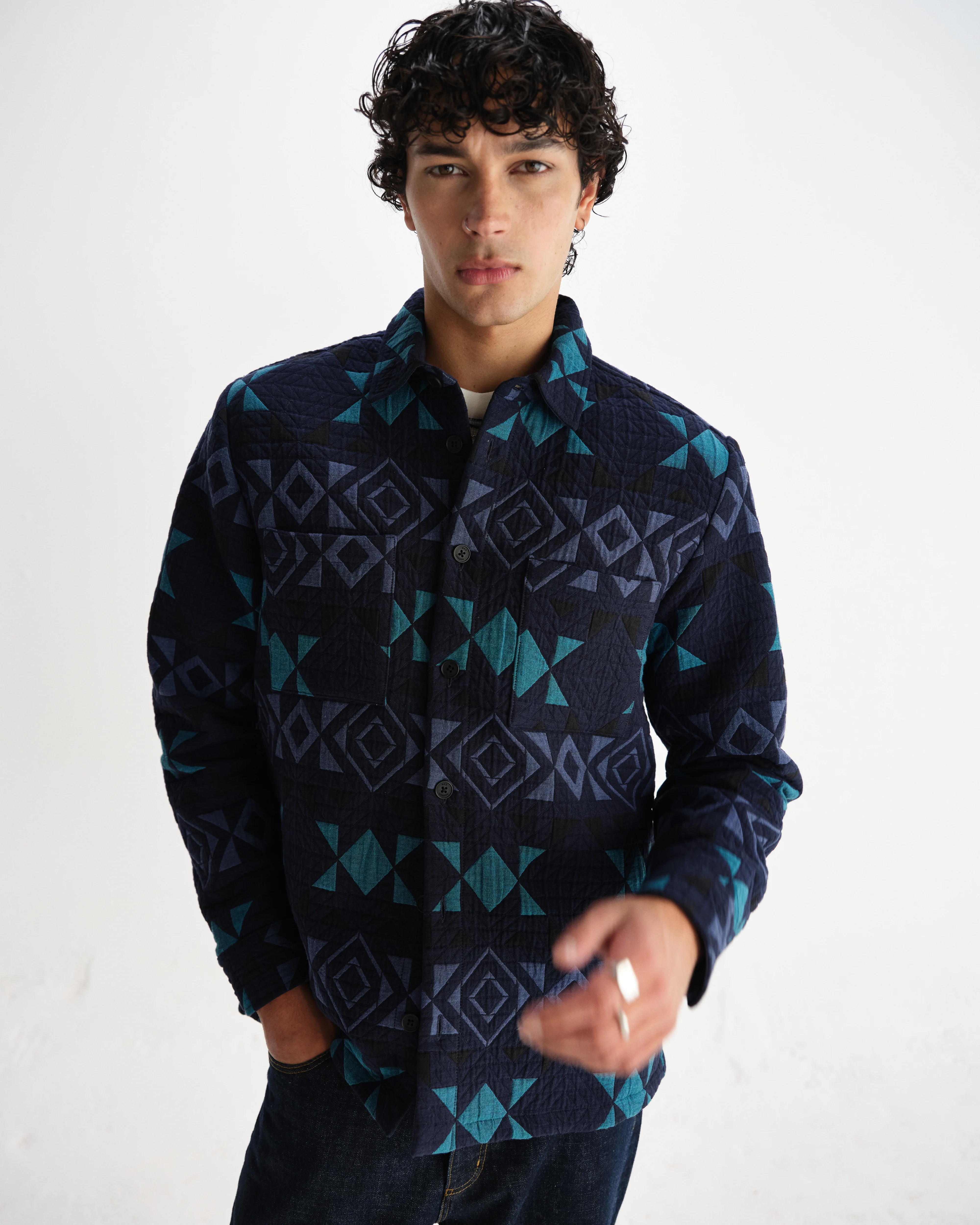 Otto - Navy And Teal Blanket Quilted Overshirt - Image 2