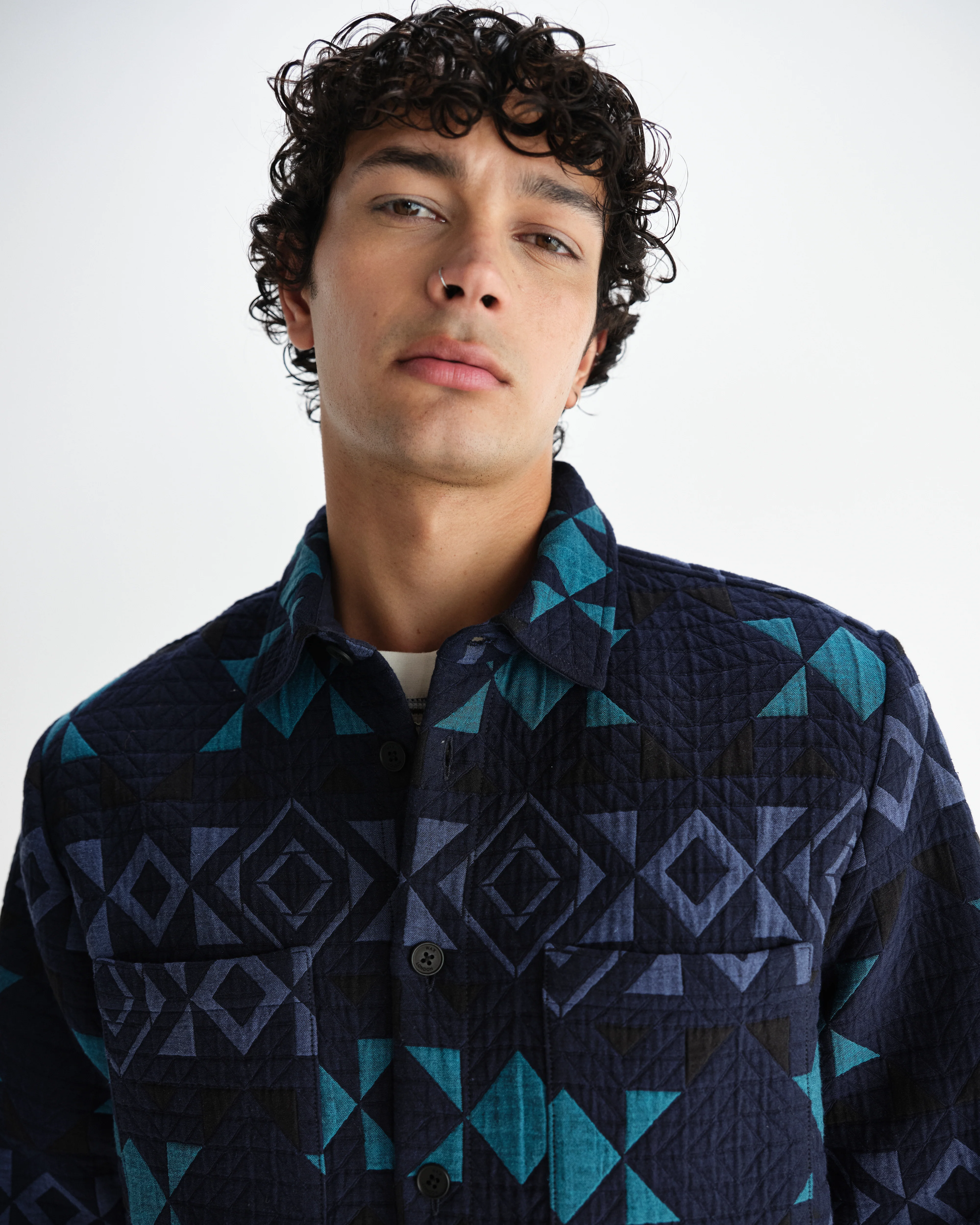 Otto - Navy And Teal Blanket Quilted Overshirt - Image 3