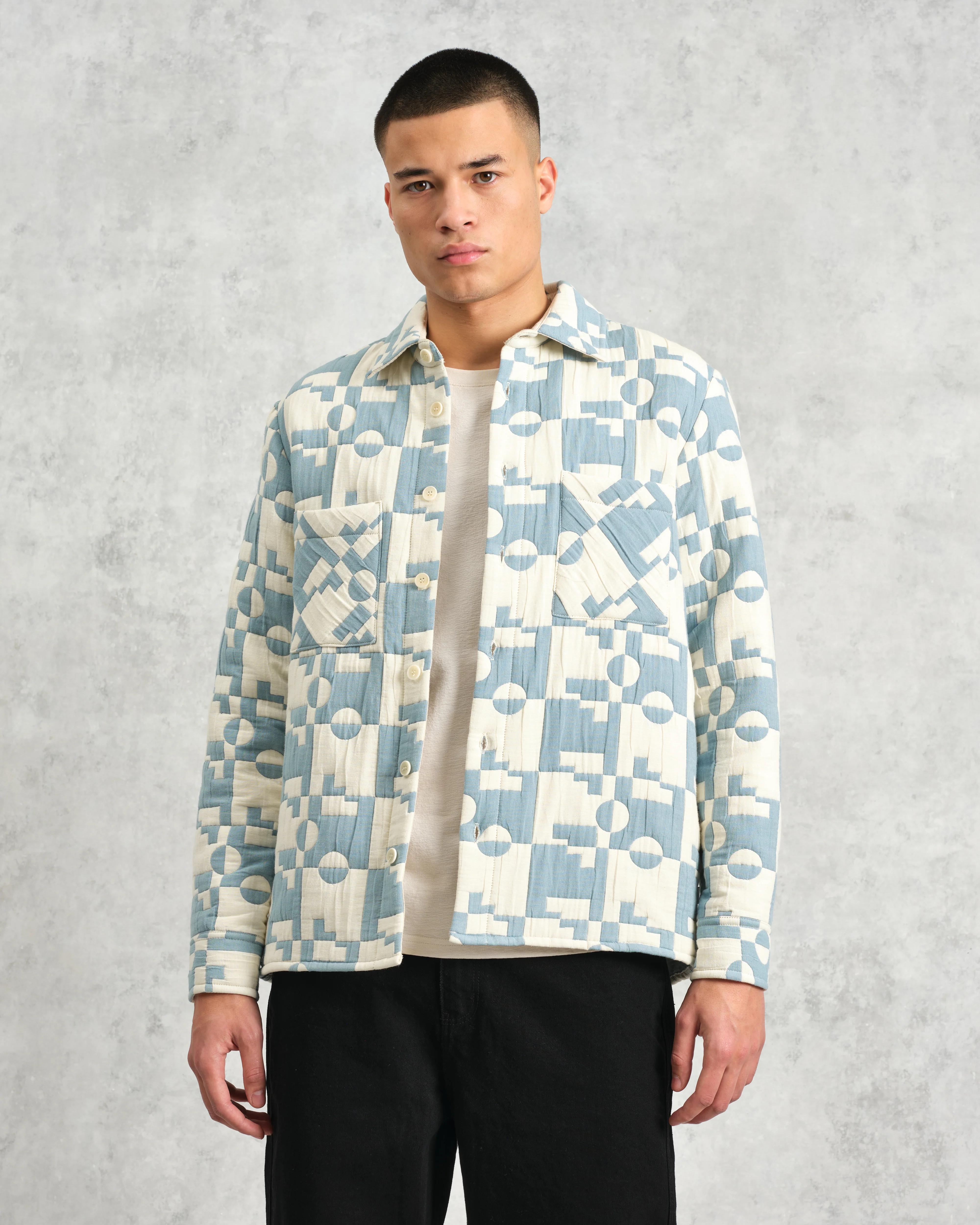 Otto - Pale Blue And Ecru Jigsaw Jacquard Overshirt - Image 2