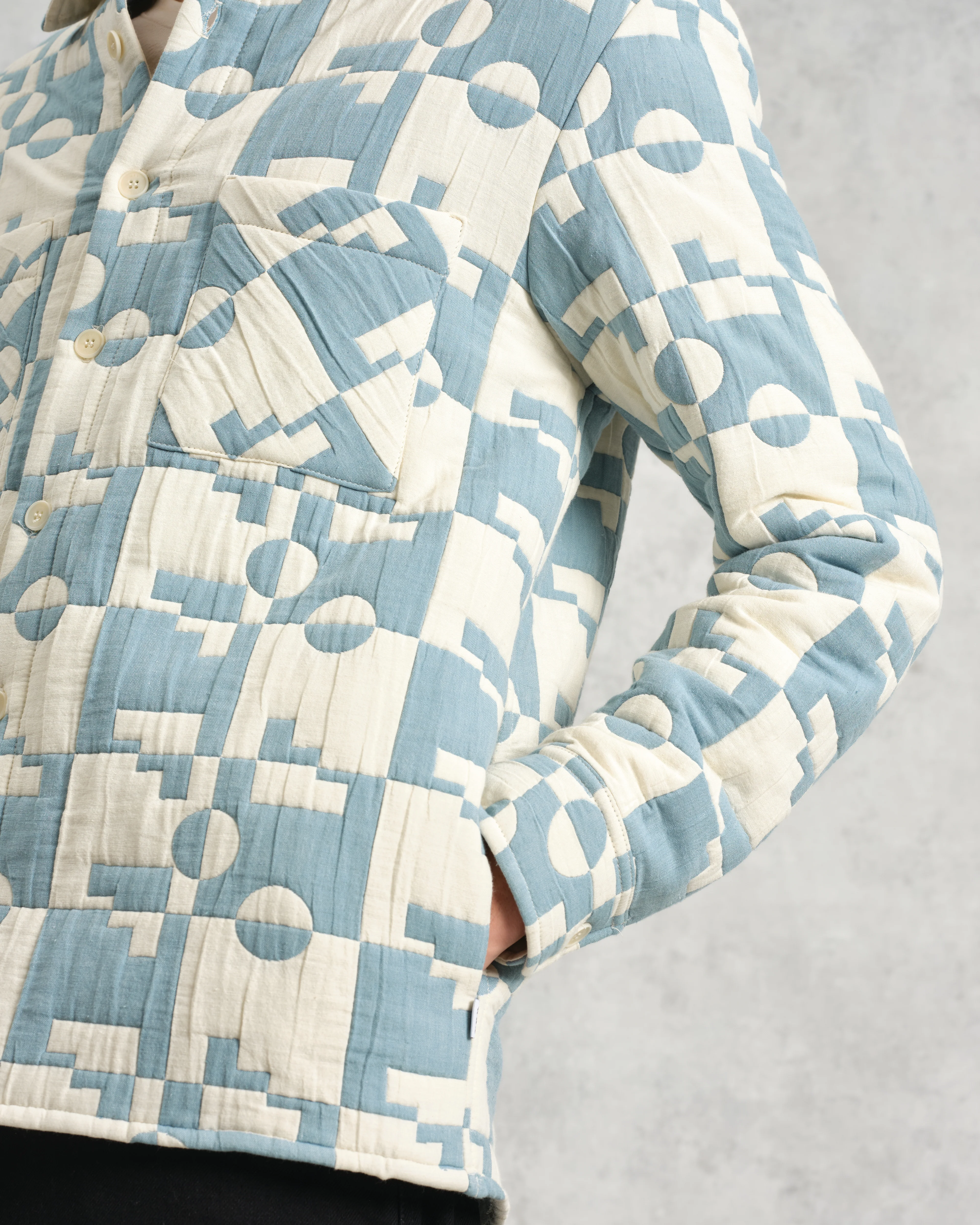Otto - Pale Blue And Ecru Jigsaw Jacquard Overshirt - Image 3