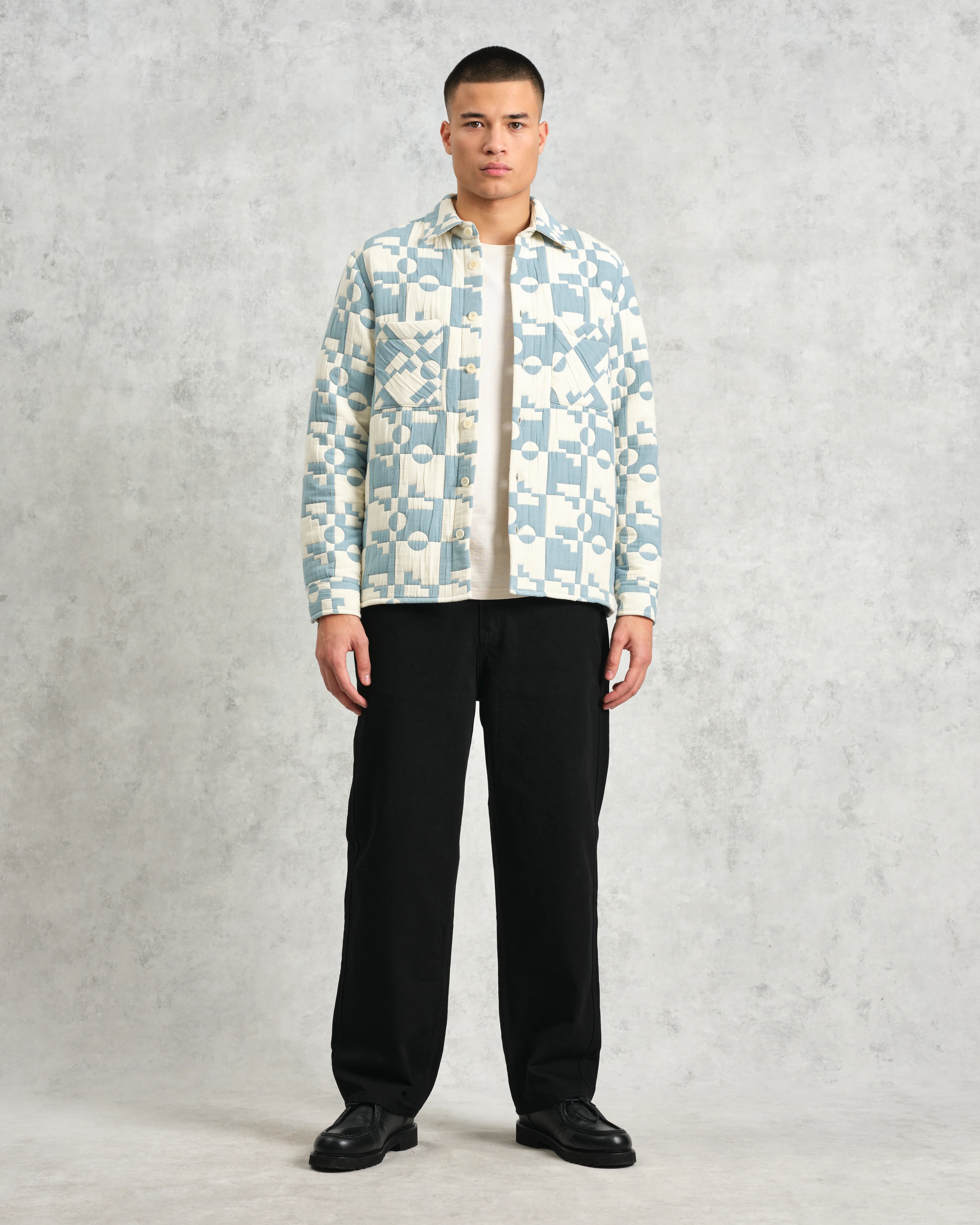 Otto - Pale Blue And Ecru Jigsaw Jacquard Overshirt - Image 4