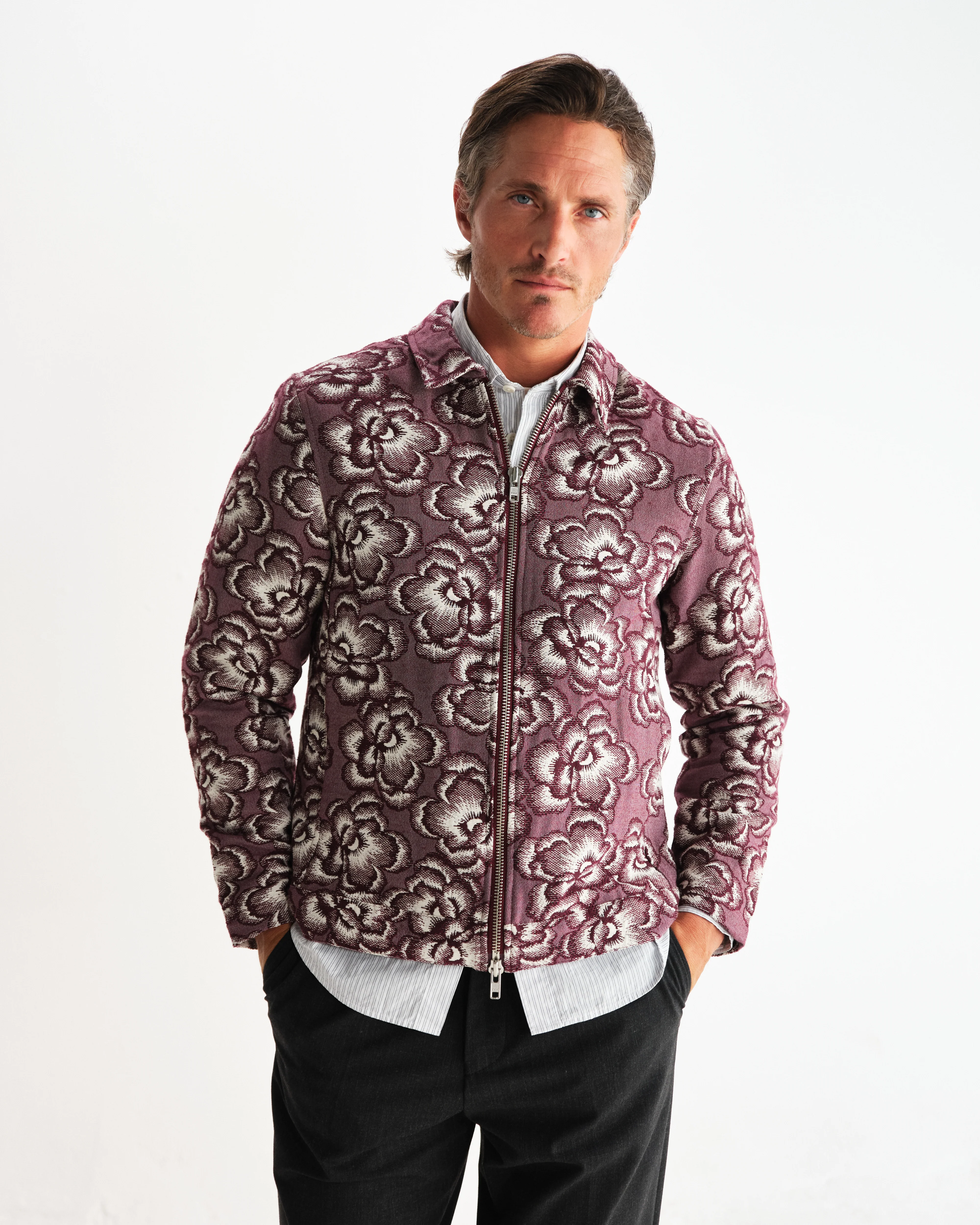 Park - Burgundy And Ecru Floral Jacquard Jacket - Image 2