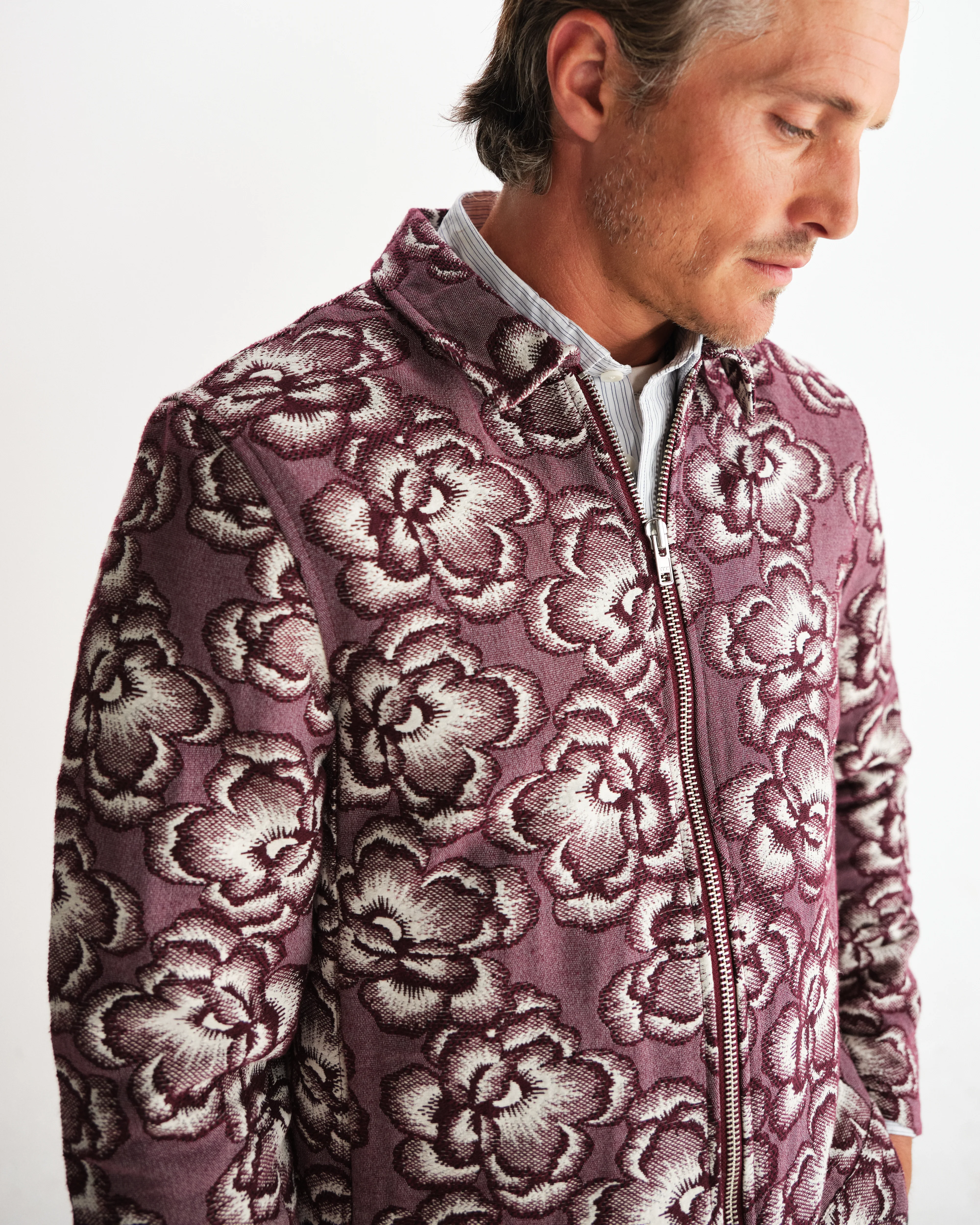 Park - Burgundy And Ecru Floral Jacquard Jacket - Image 3