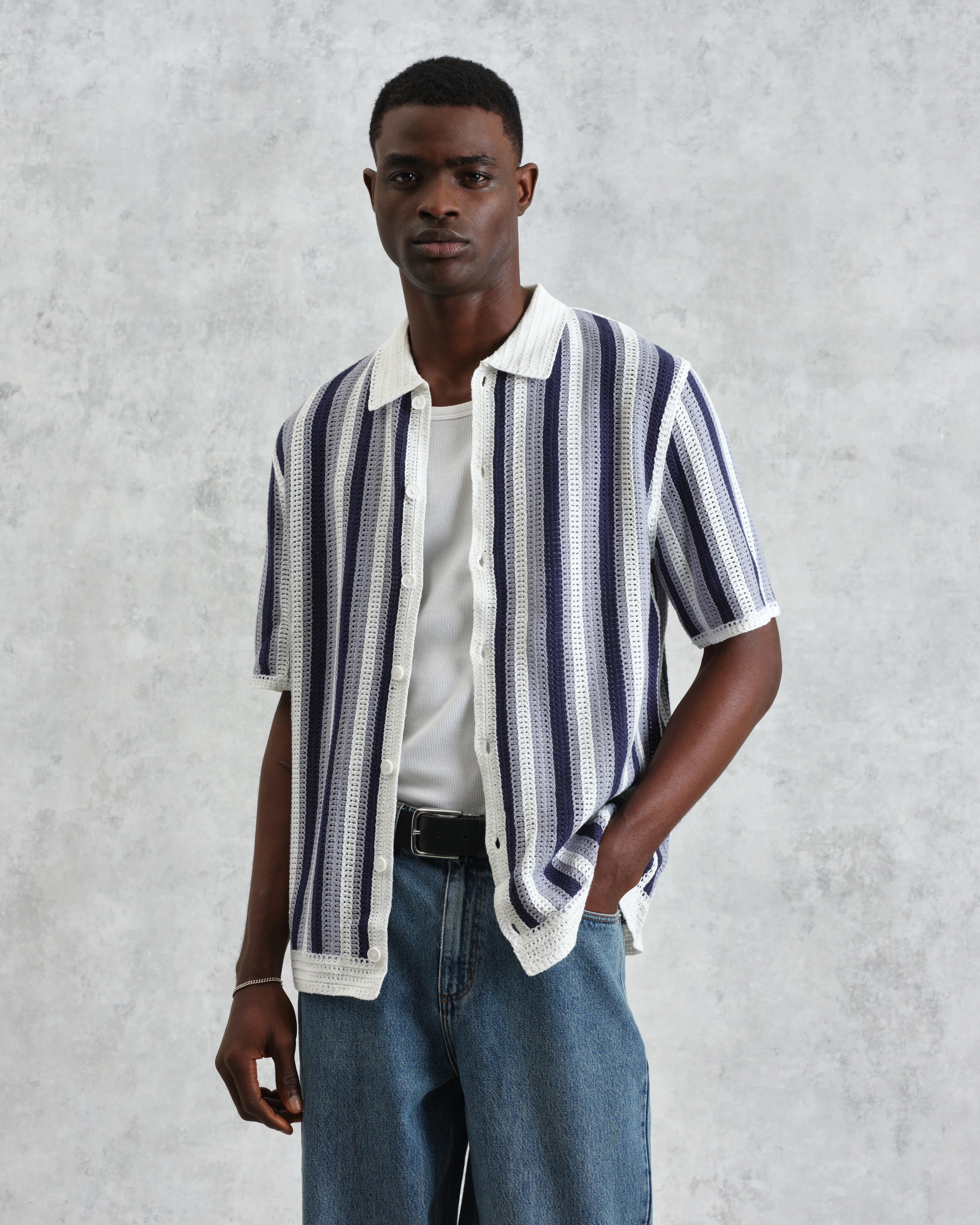 Porto - Blue And Ecru Stripe Crochet Knitted Polo Shirt - Image 2