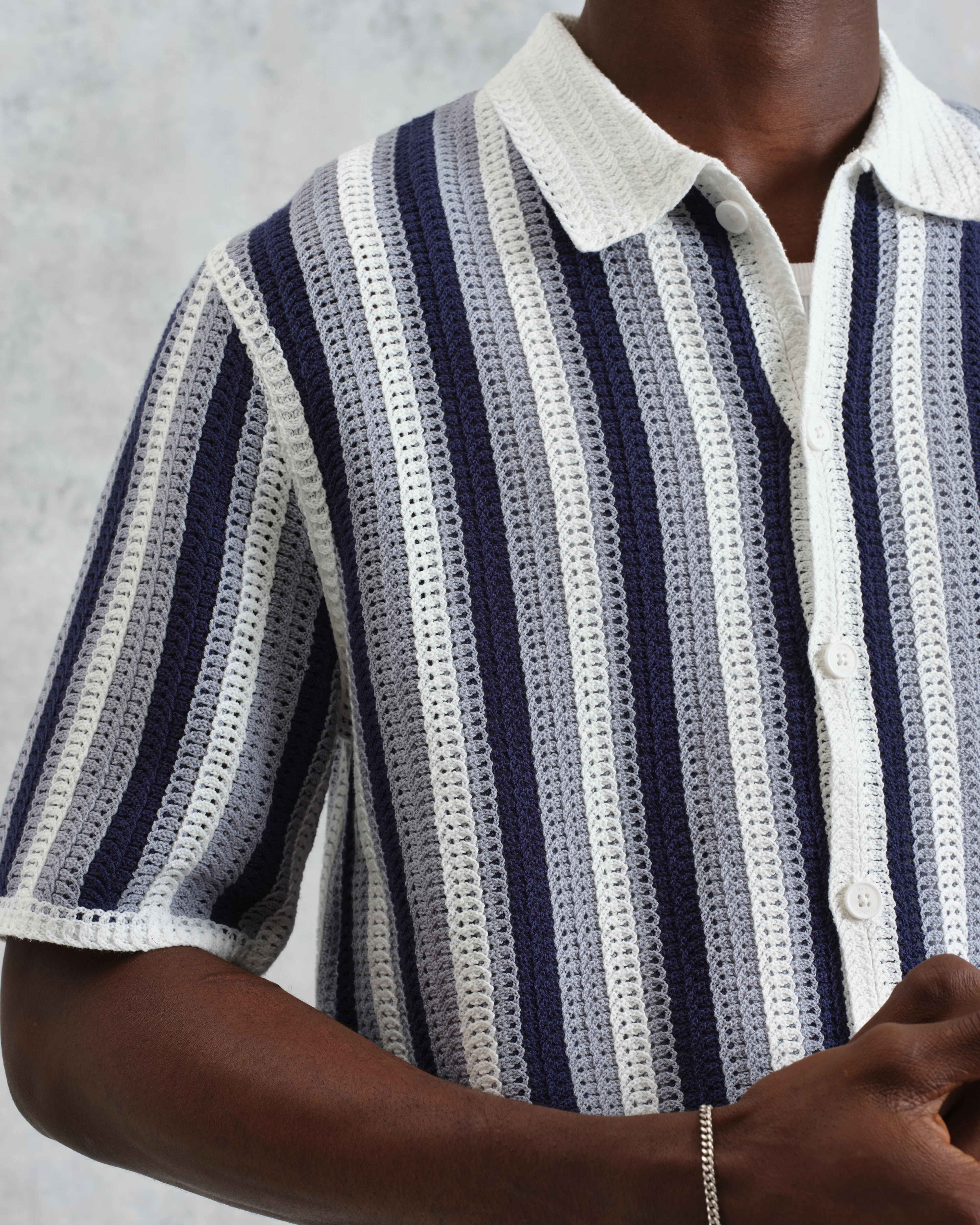 Porto - Blue And Ecru Stripe Crochet Knitted Polo Shirt - Image 3