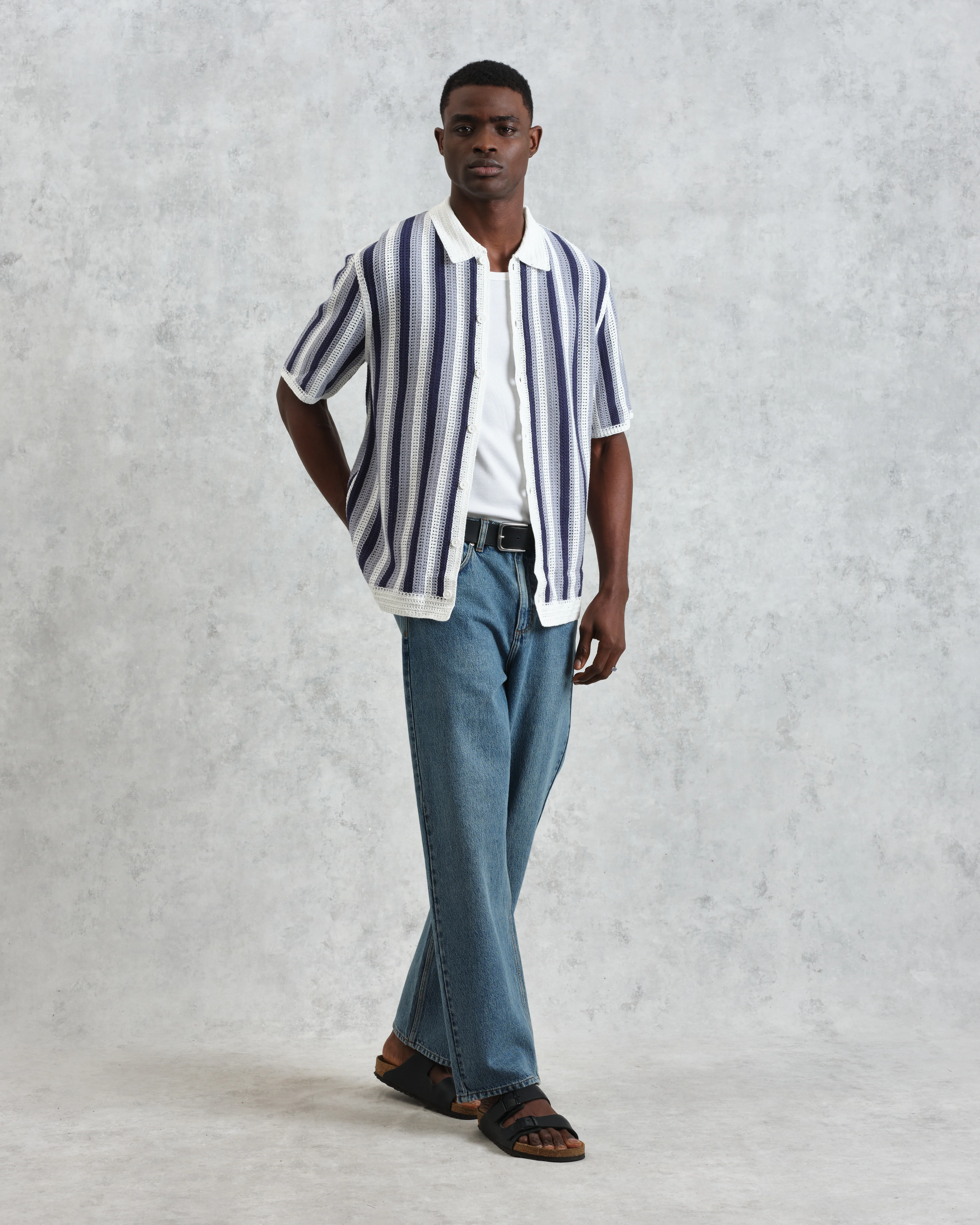 Porto - Blue And Ecru Stripe Crochet Knitted Polo Shirt - Image 4