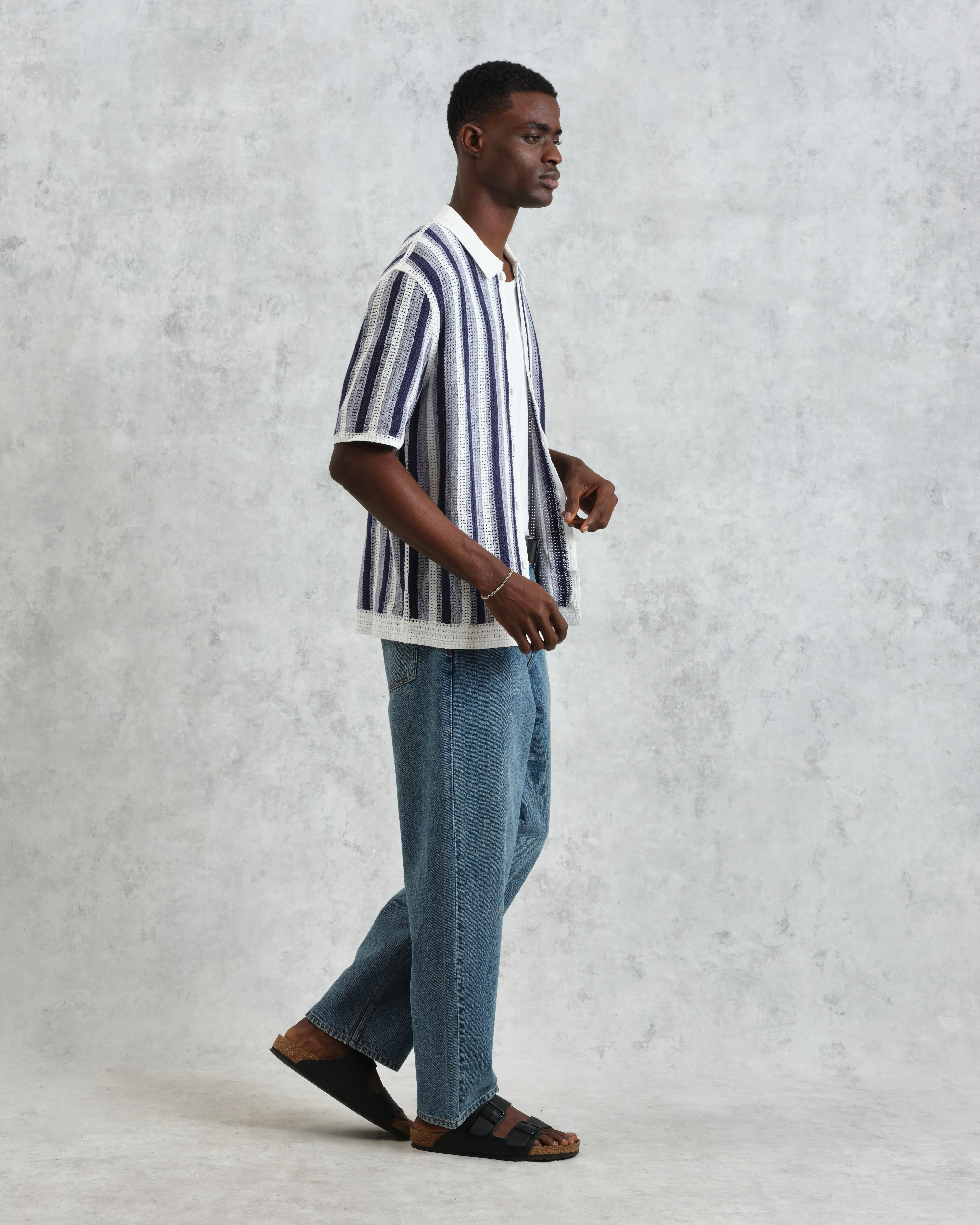 Porto - Blue And Ecru Stripe Crochet Knitted Polo Shirt - Image 5