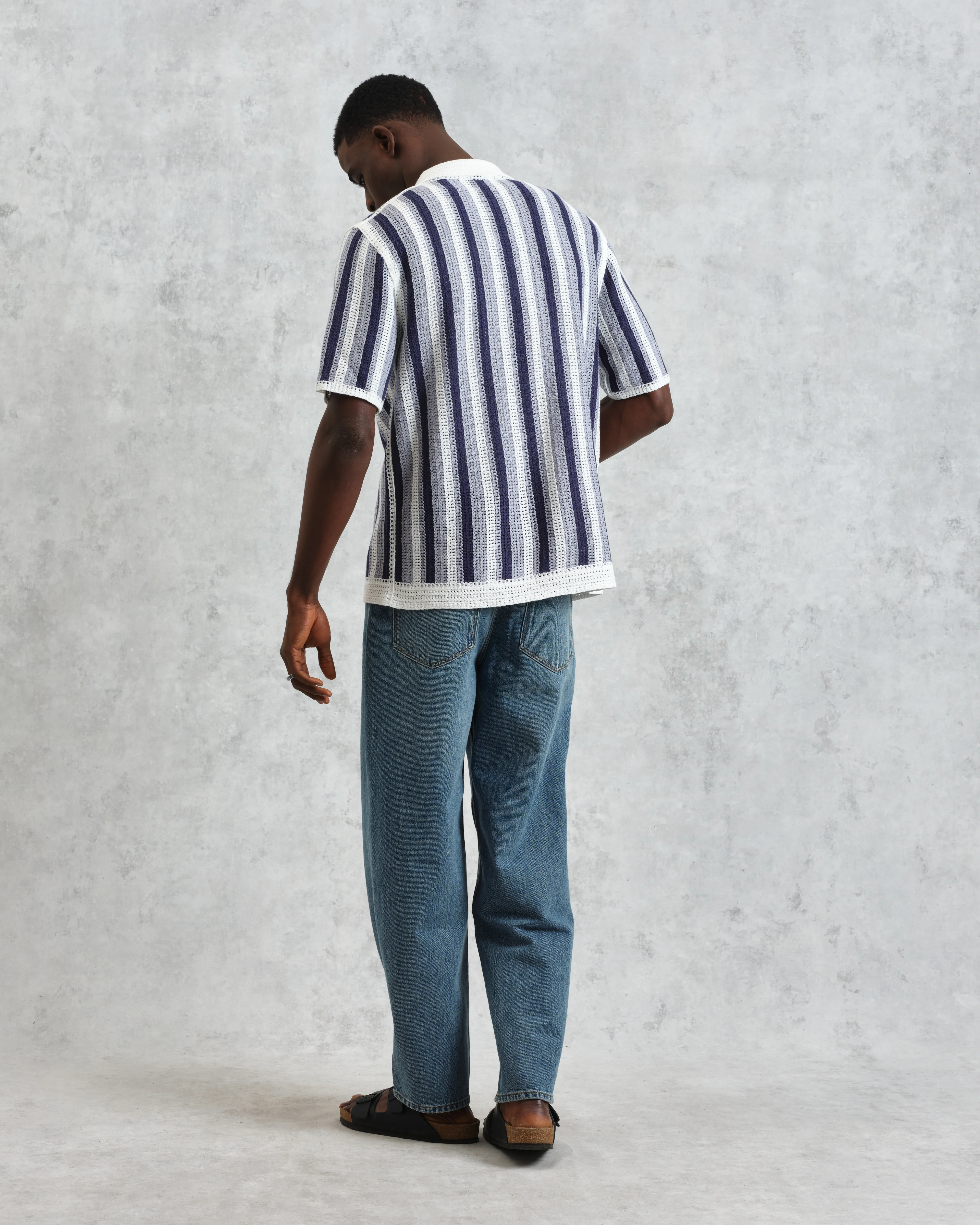 Porto - Blue And Ecru Stripe Crochet Knitted Polo Shirt - Image 6