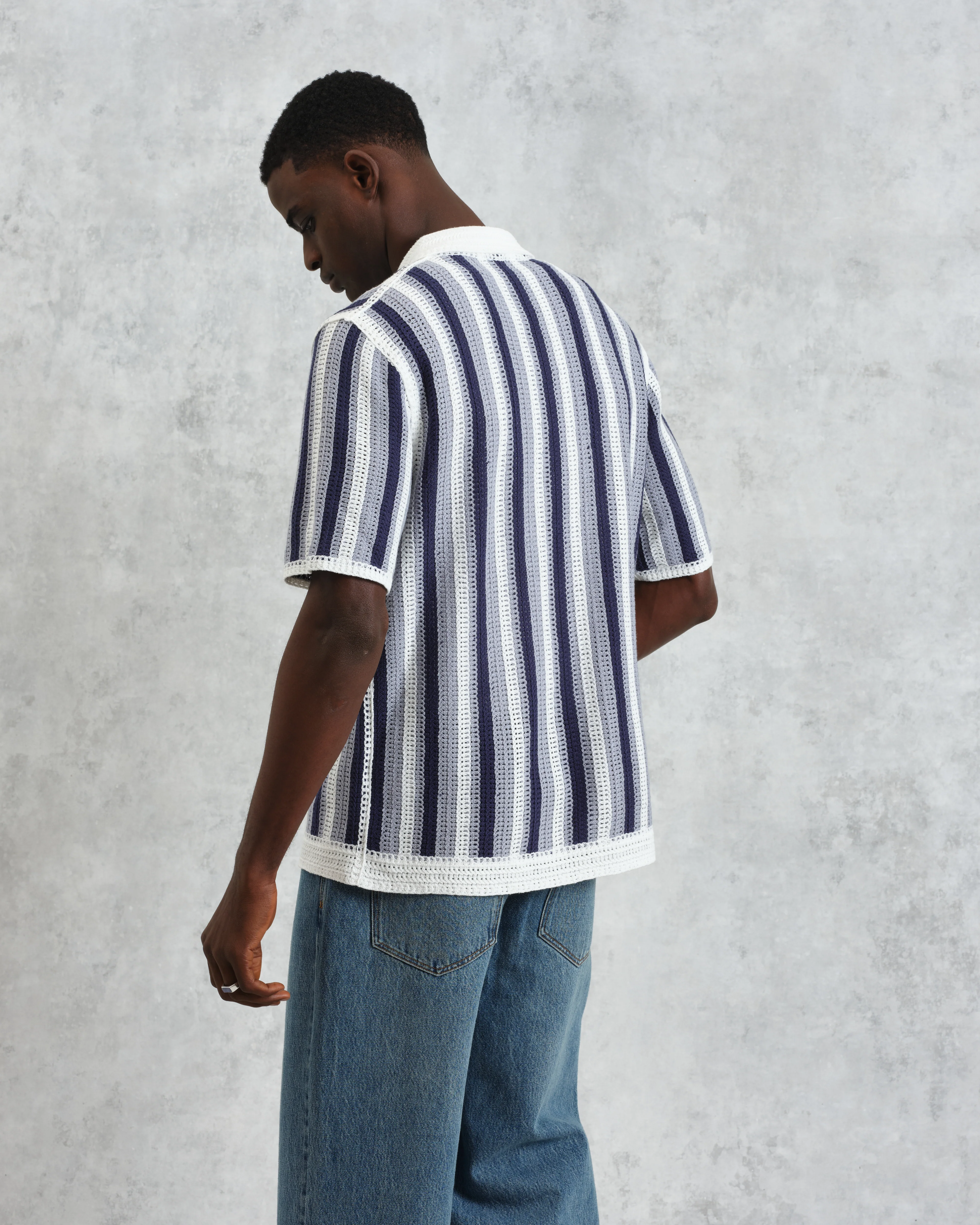 Porto - Blue And Ecru Stripe Crochet Knitted Polo Shirt - Image 7