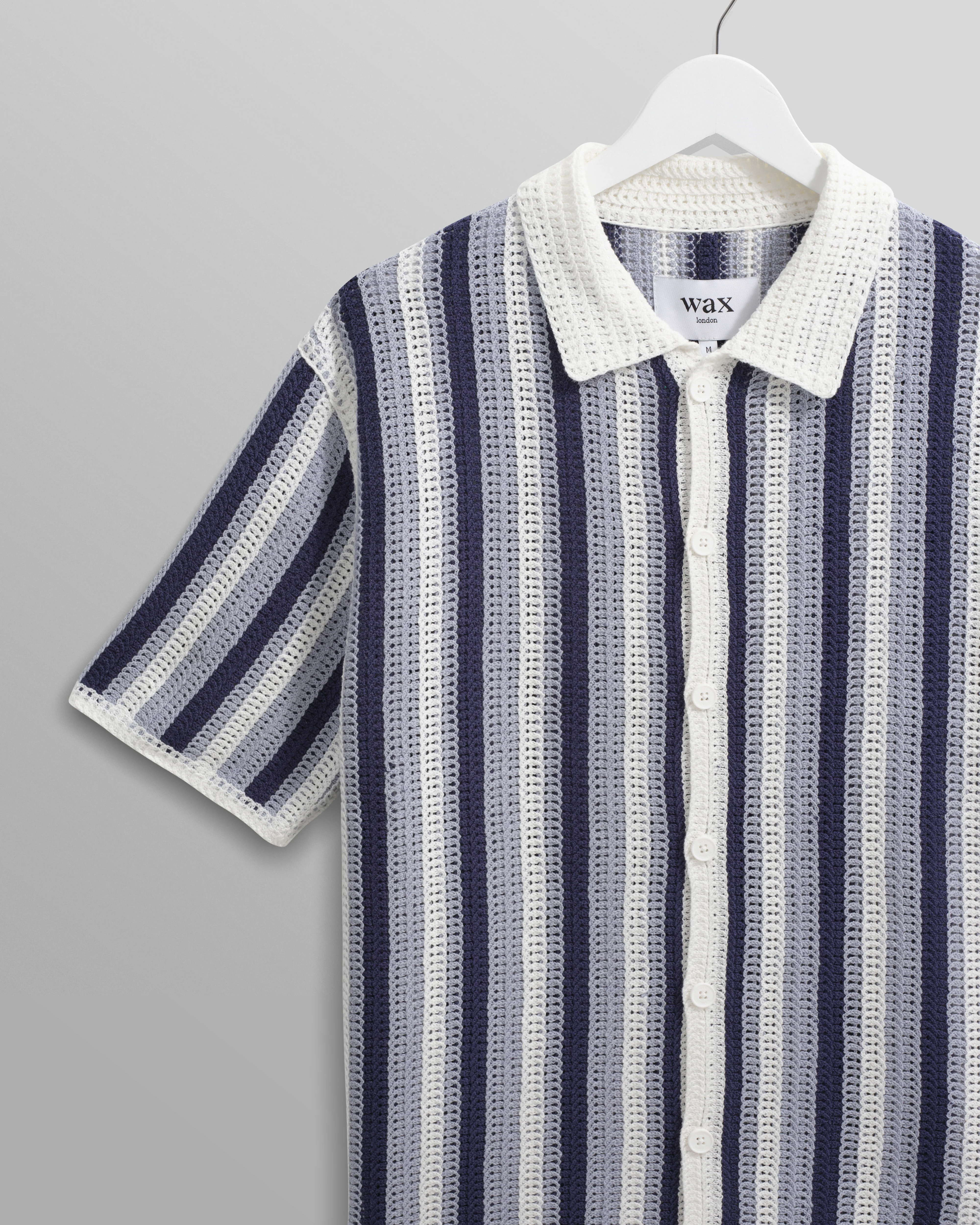 Porto - Blue And Ecru Stripe Crochet Knitted Polo Shirt - Image 8