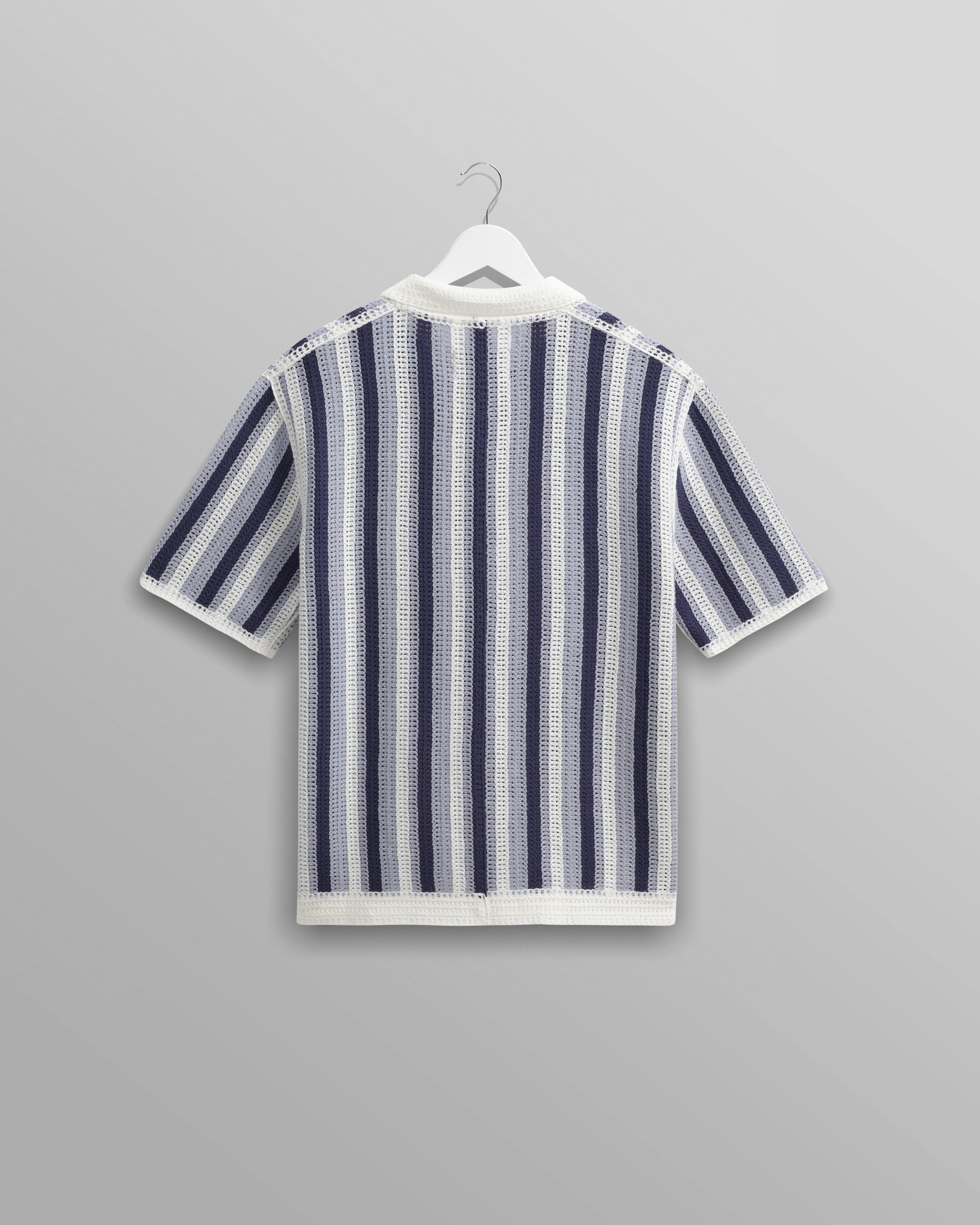 Porto - Blue And Ecru Stripe Crochet Knitted Polo Shirt - Image 9