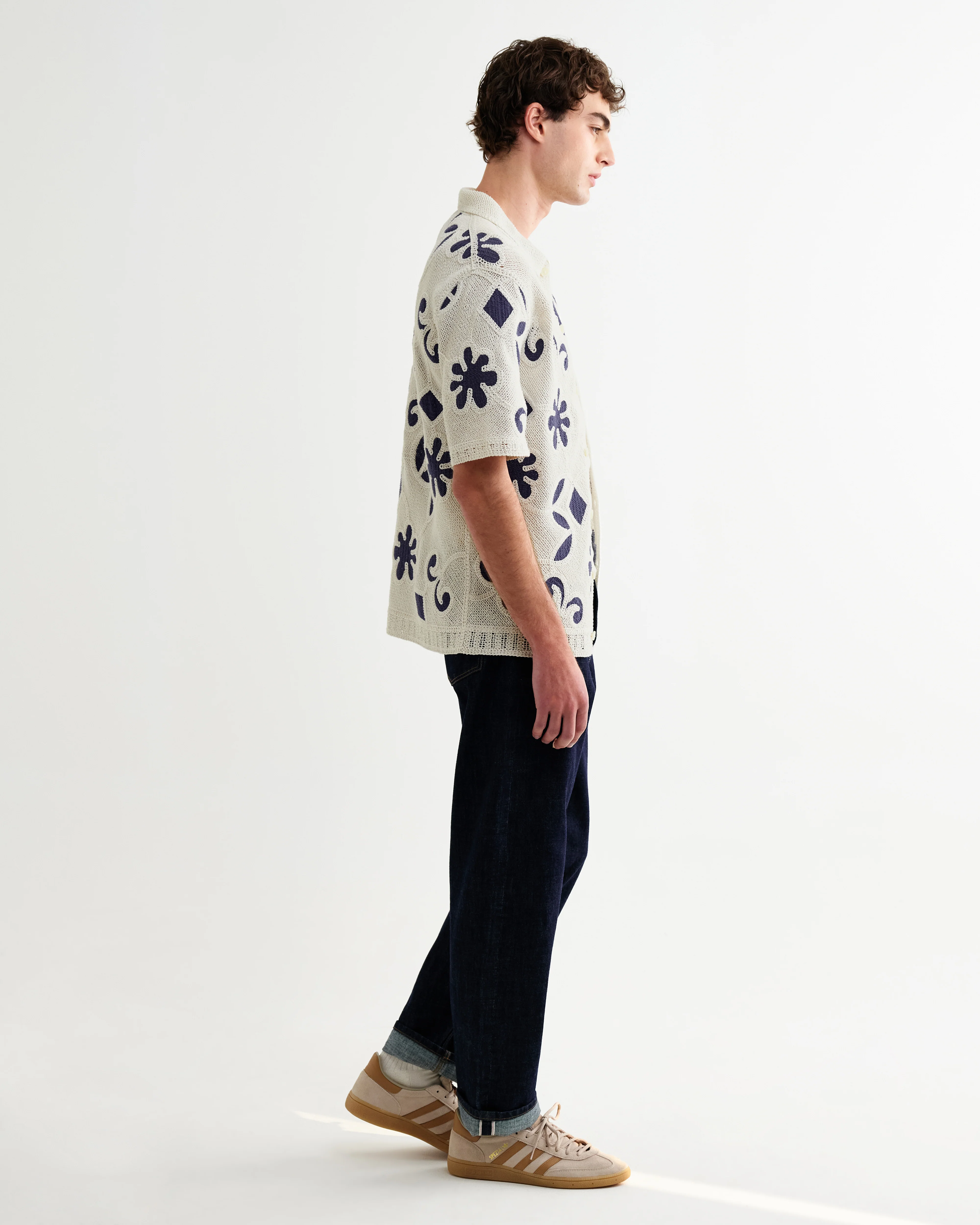 Porto - Ecru And Navy Doodle Crochet Knitted Shirt - Image 6