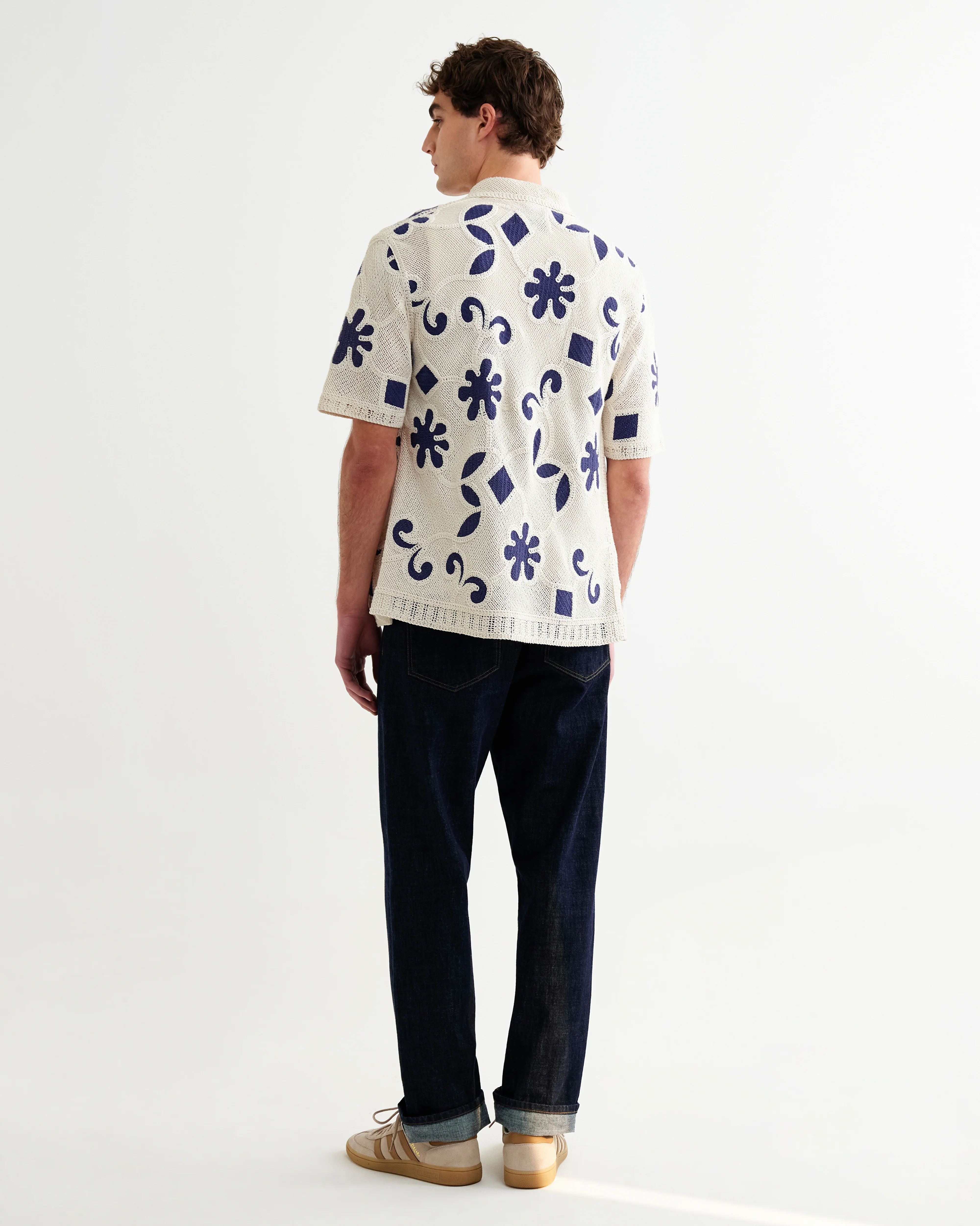 Porto - Ecru And Navy Doodle Crochet Knitted Shirt - Image 7