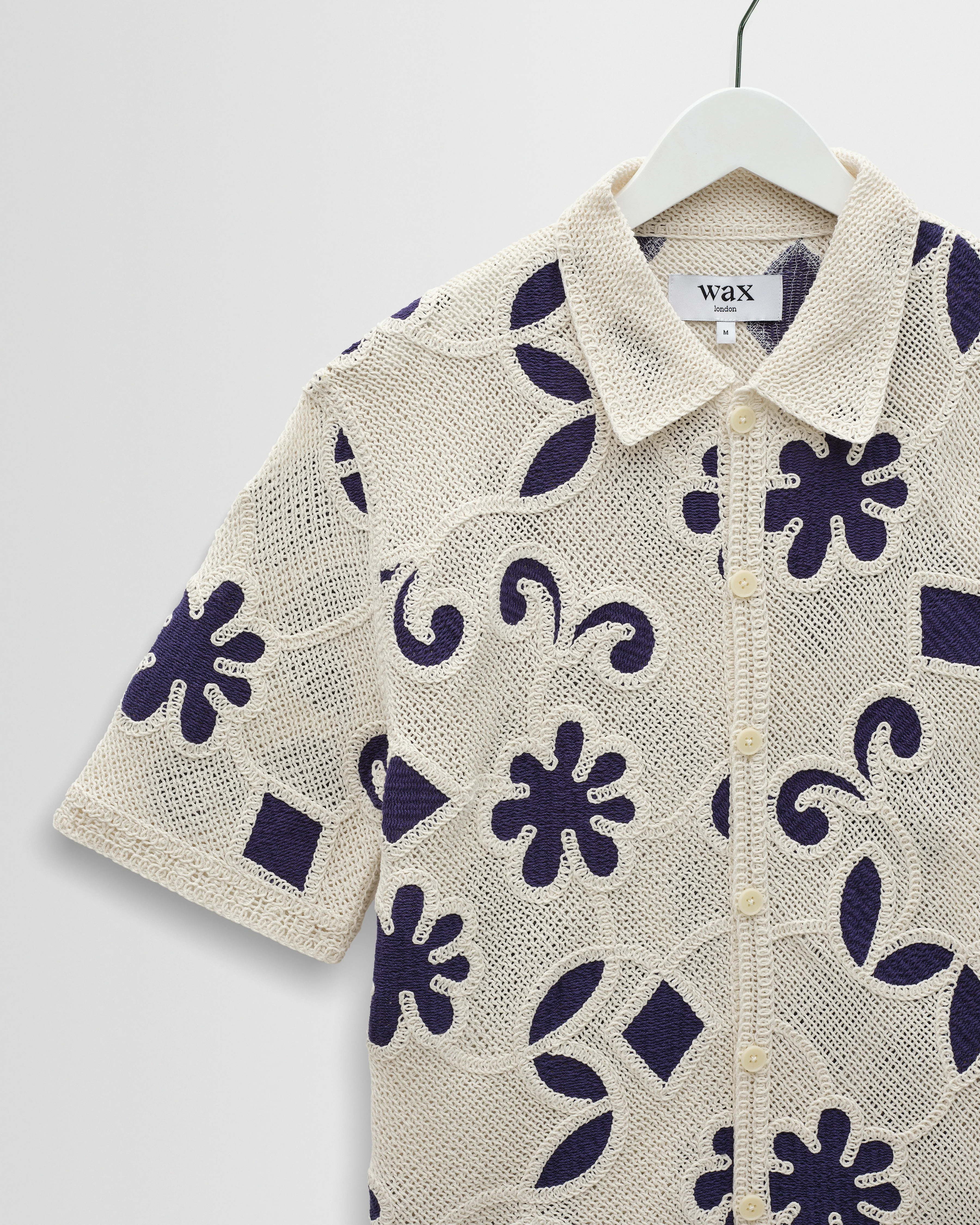 Porto - Ecru And Navy Doodle Crochet Knitted Shirt - Image 8
