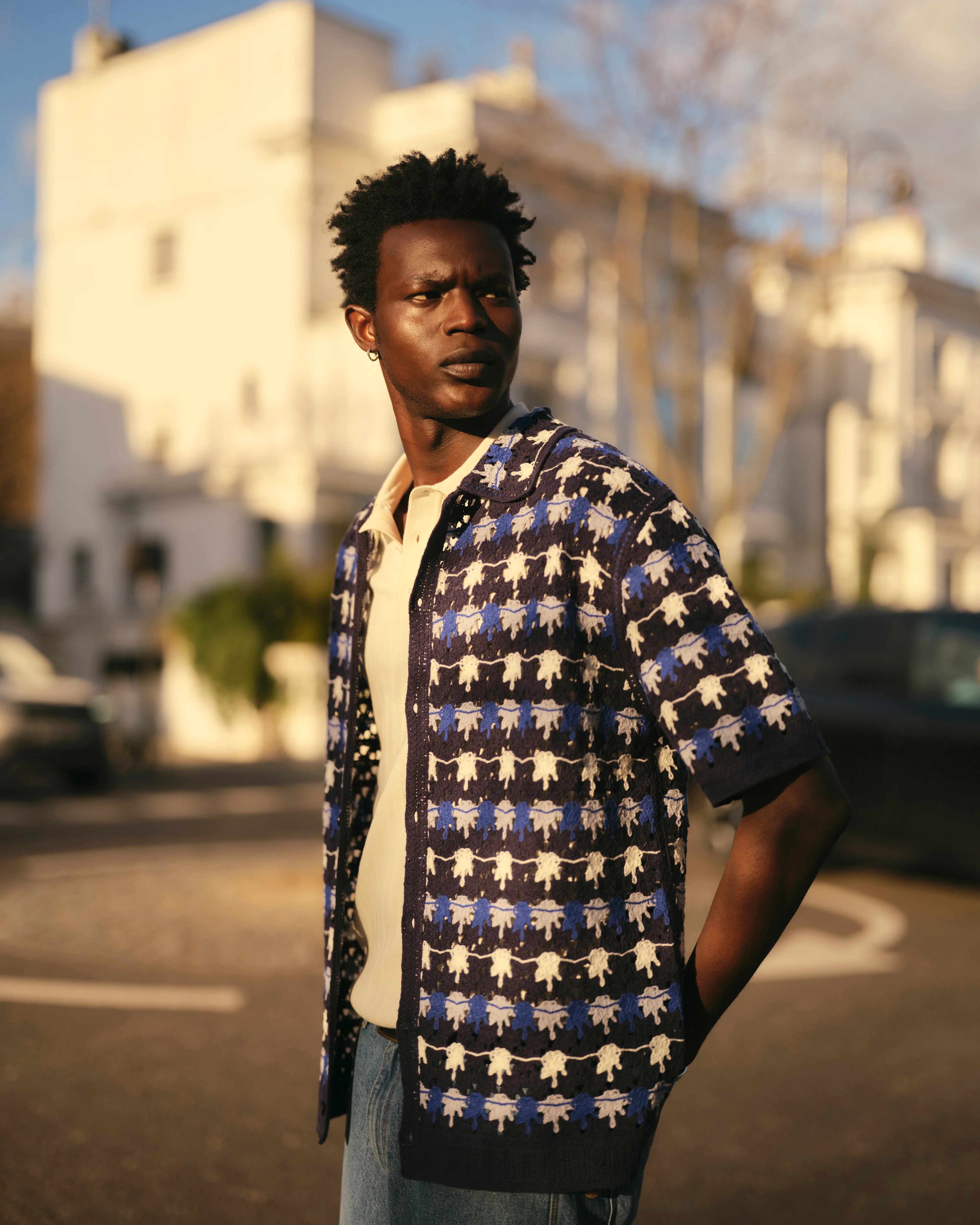 Porto - Navy Splash Crochet Knitted Polo Shirt - Image 2