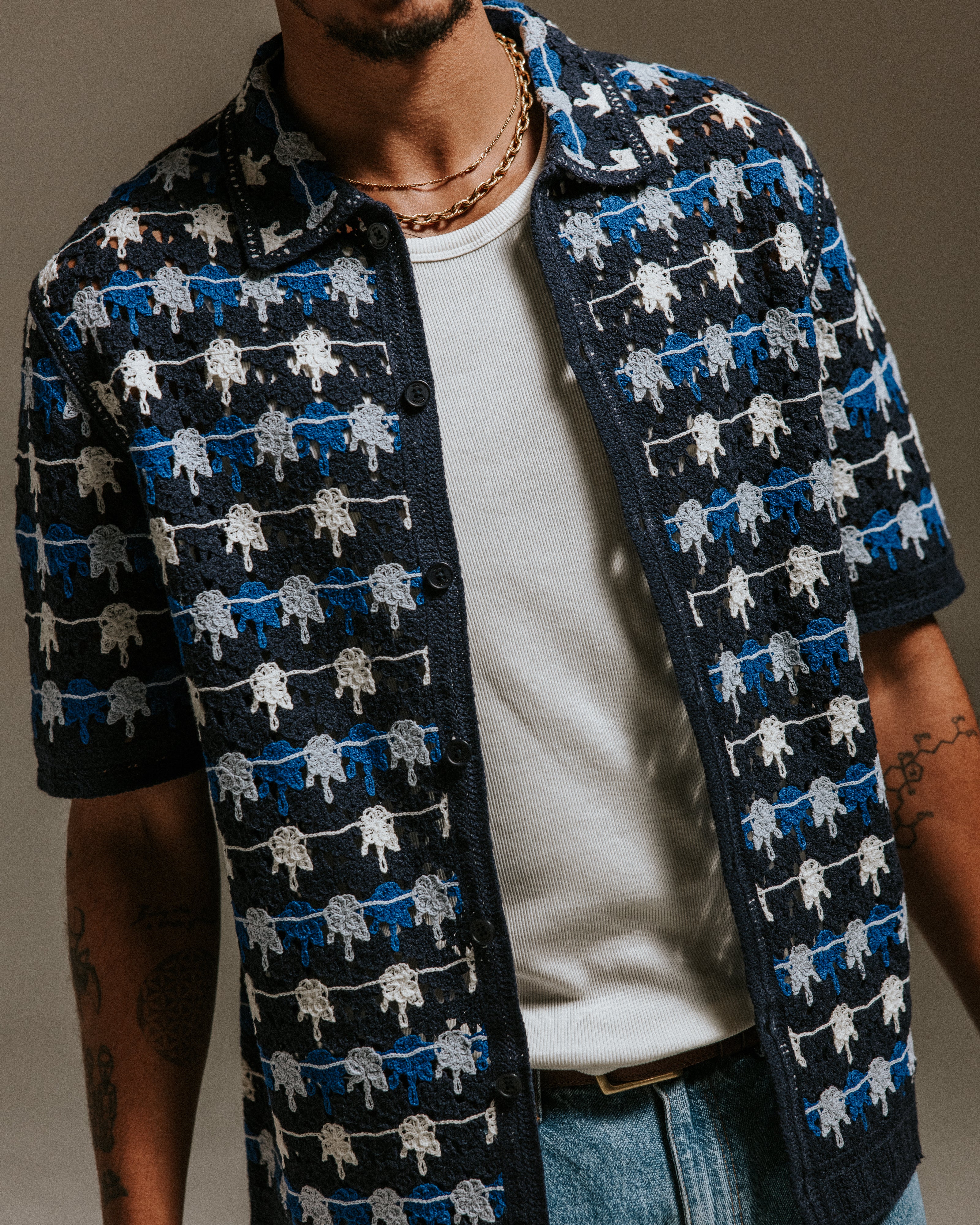 Porto - Navy Splash Crochet Knitted Polo Shirt - Image 4