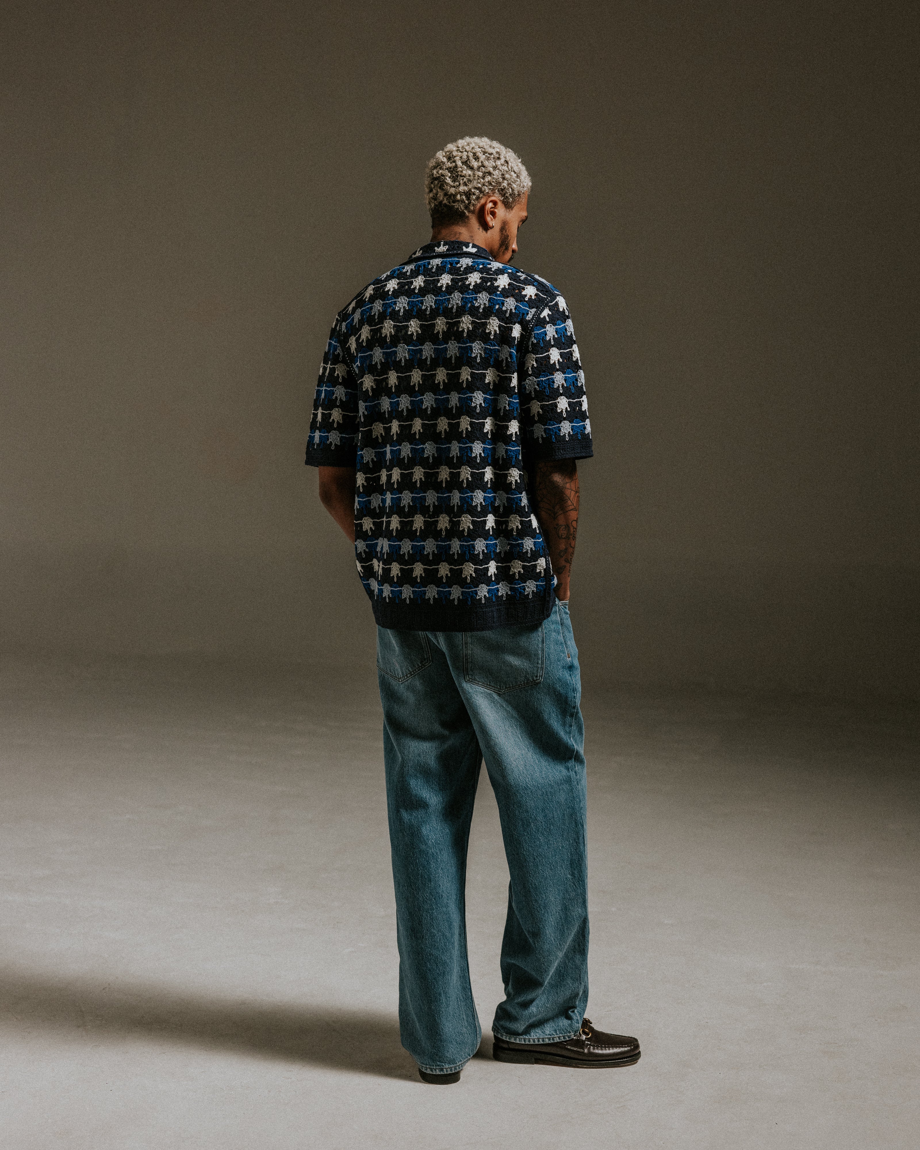 Porto - Navy Splash Crochet Knitted Polo Shirt - Image 6