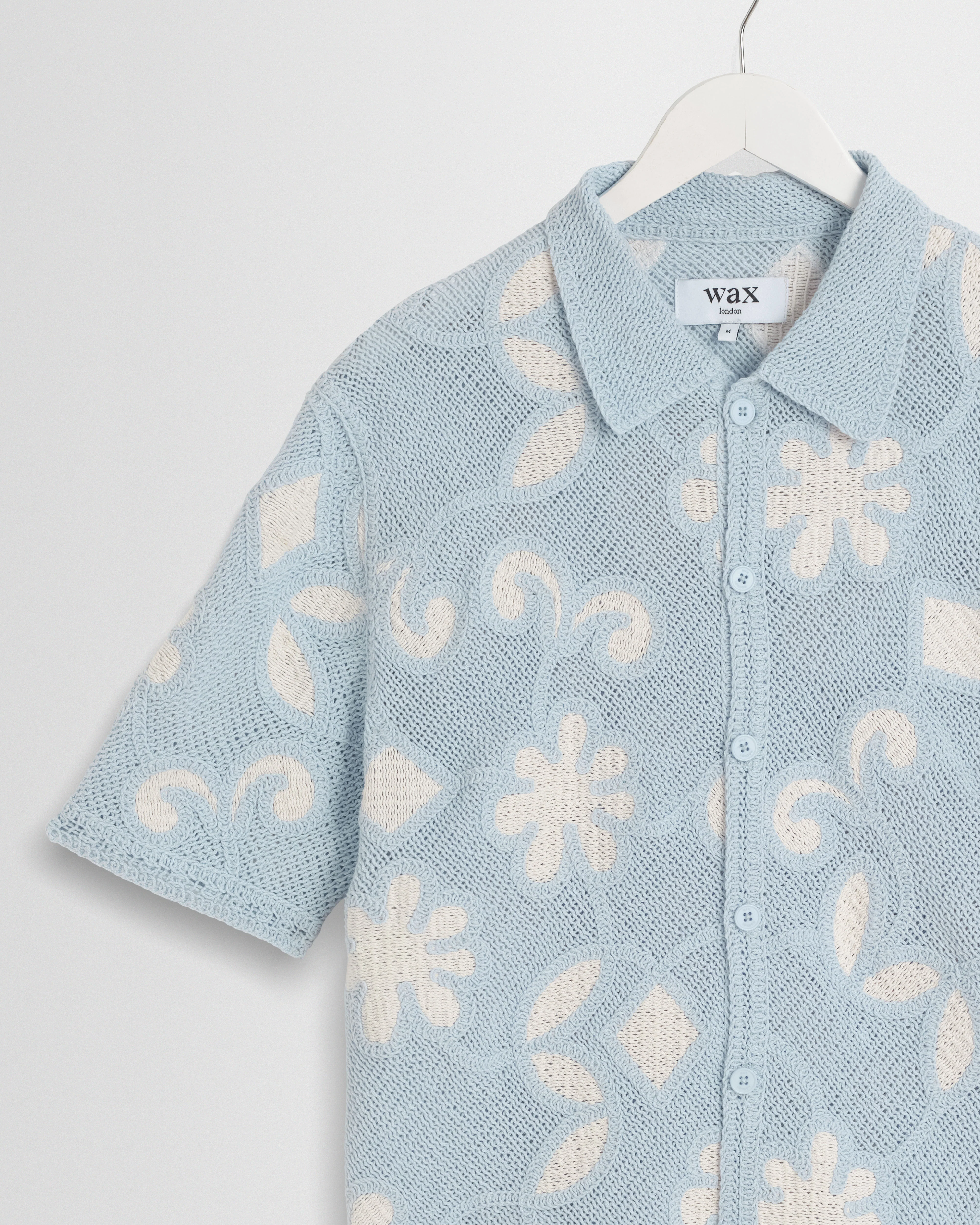 Porto - Pale Blue Doodle Crochet Knitted Shirt - Image 6