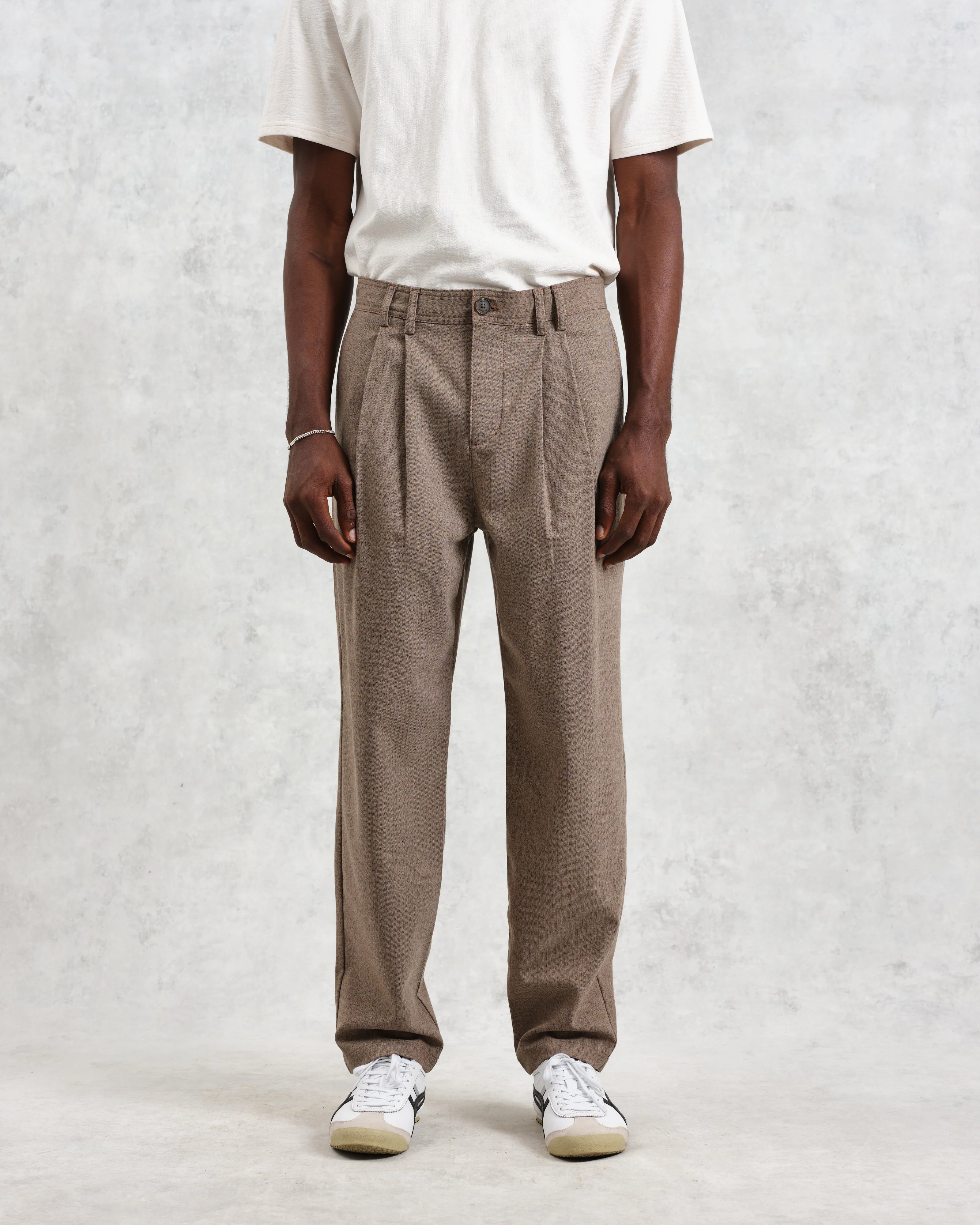 Raleigh - Light Brown Herringbone Pleated Trousers - Image 3