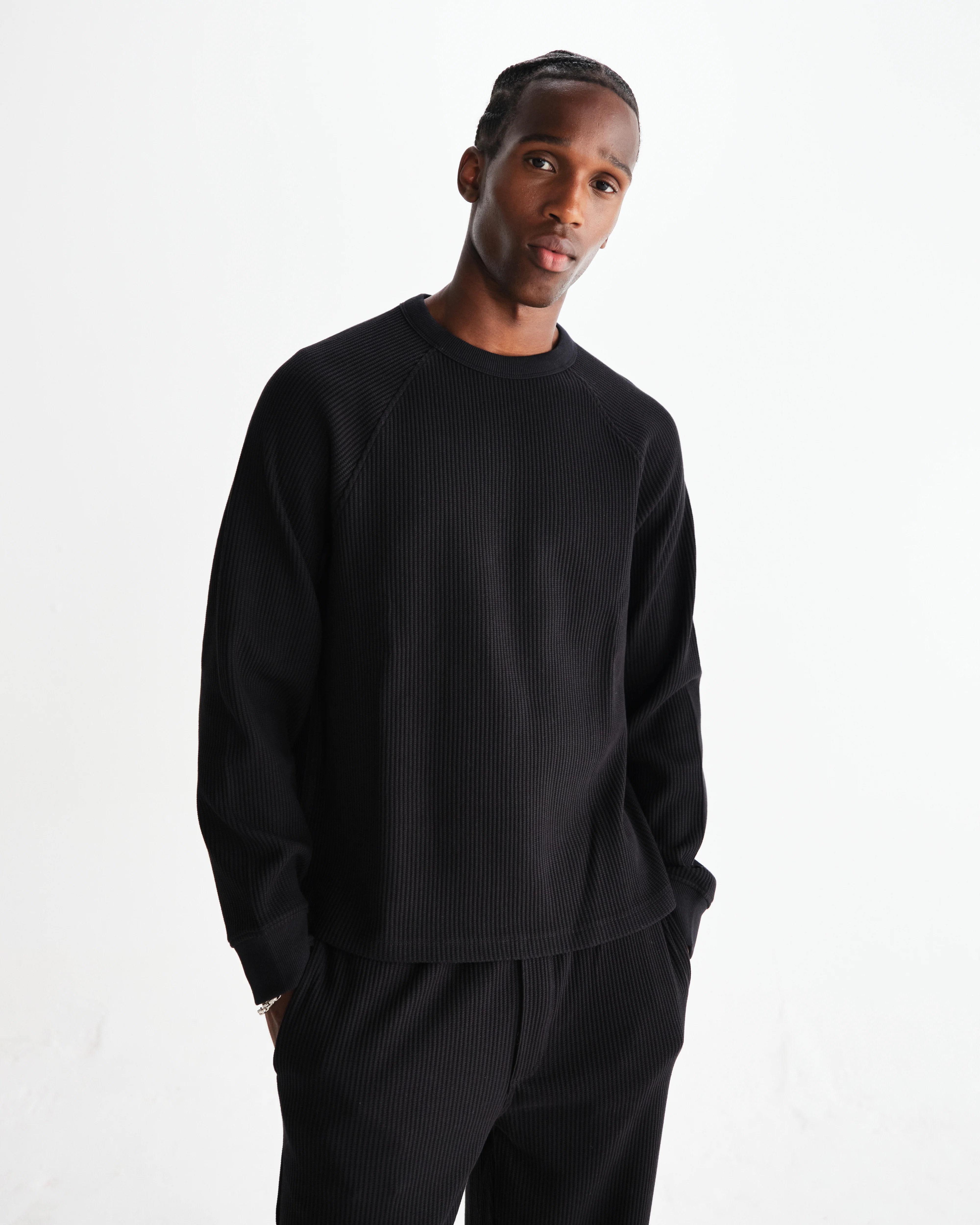 Riley - Black Structured Waffle Crewneck Jumper - Image 2