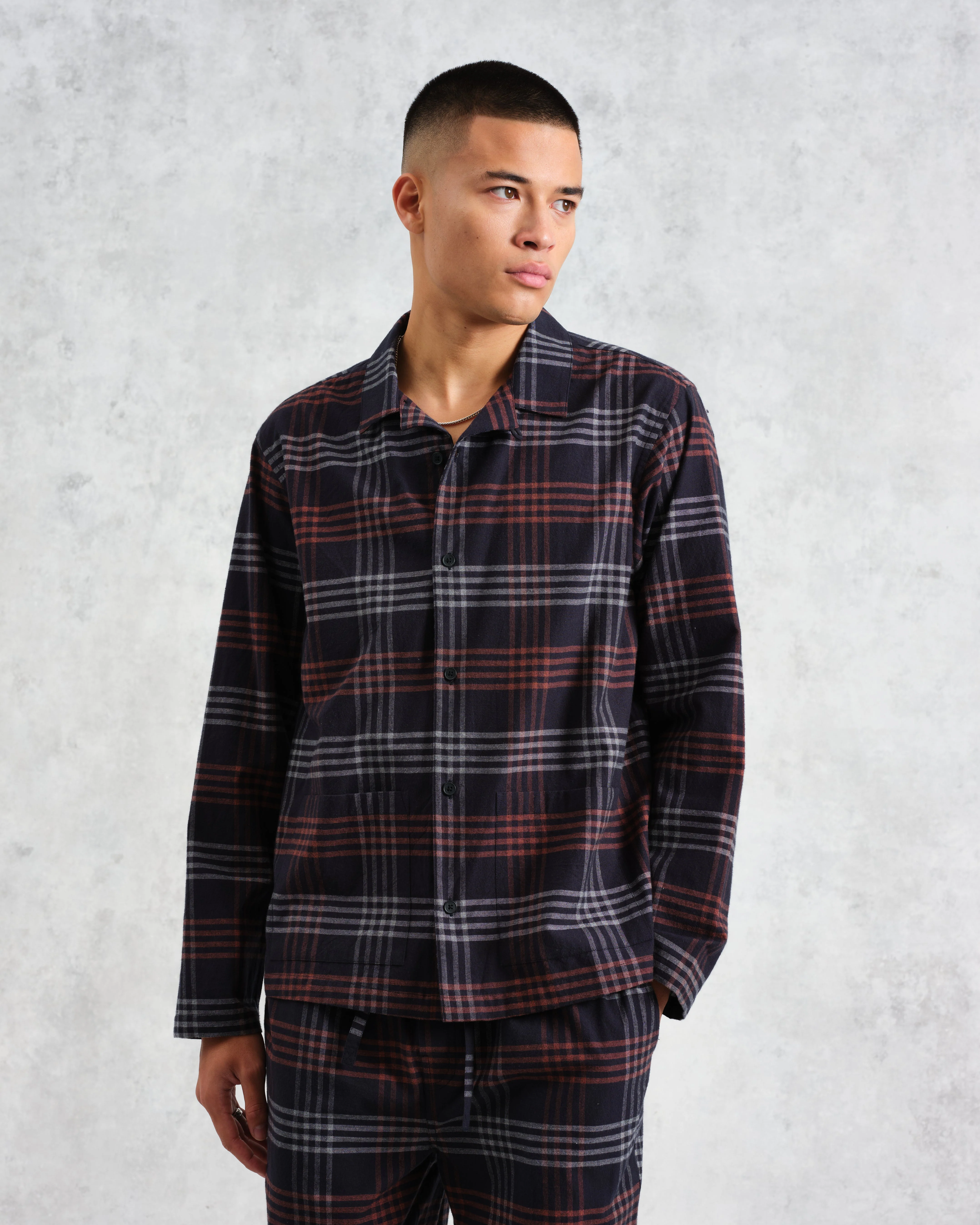 Ripley - Navy And Orange Check Flannel Lounge Shirt - Image 2