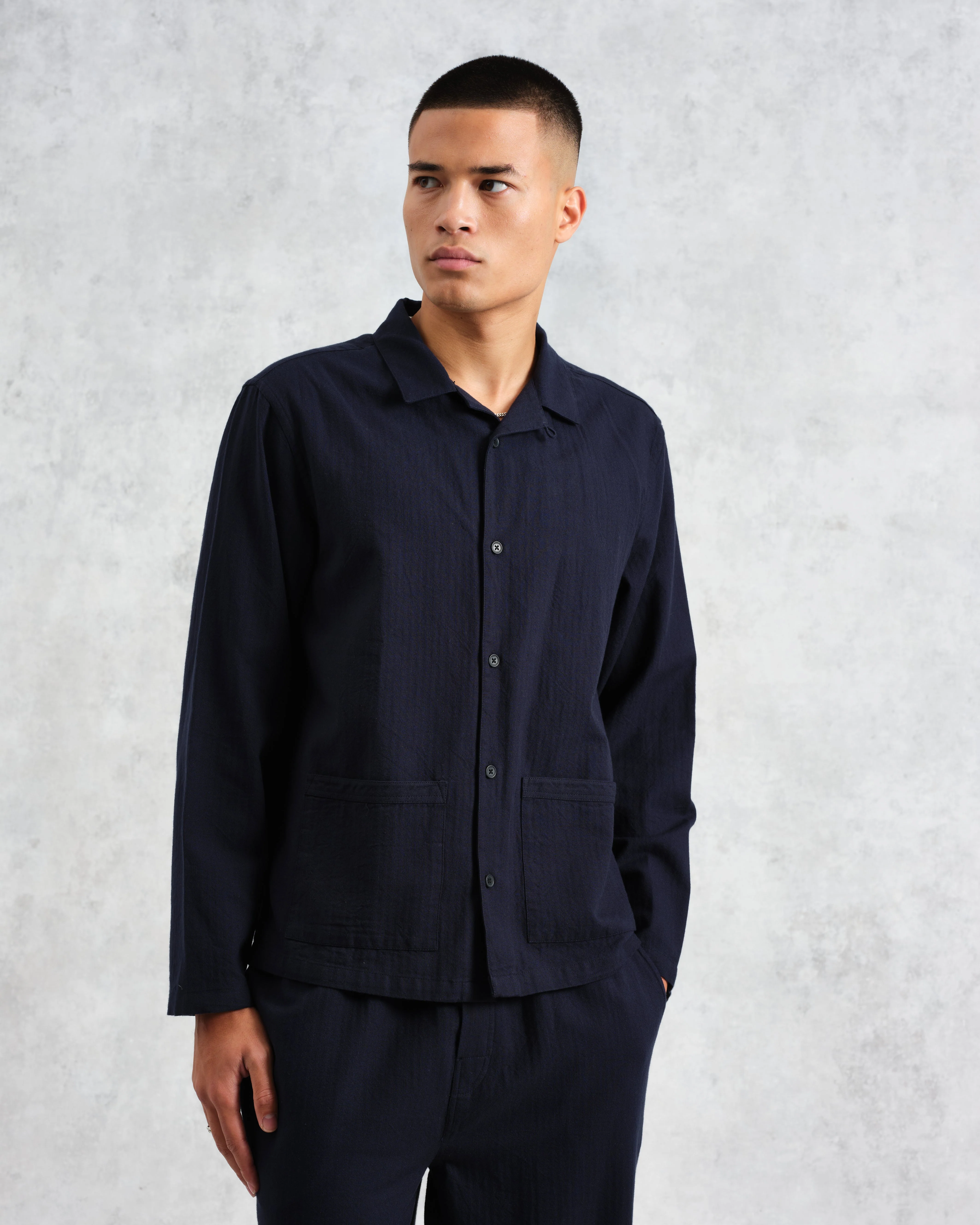 Ripley - Navy Brushed Herringbone Lounge Shirt - Image 2