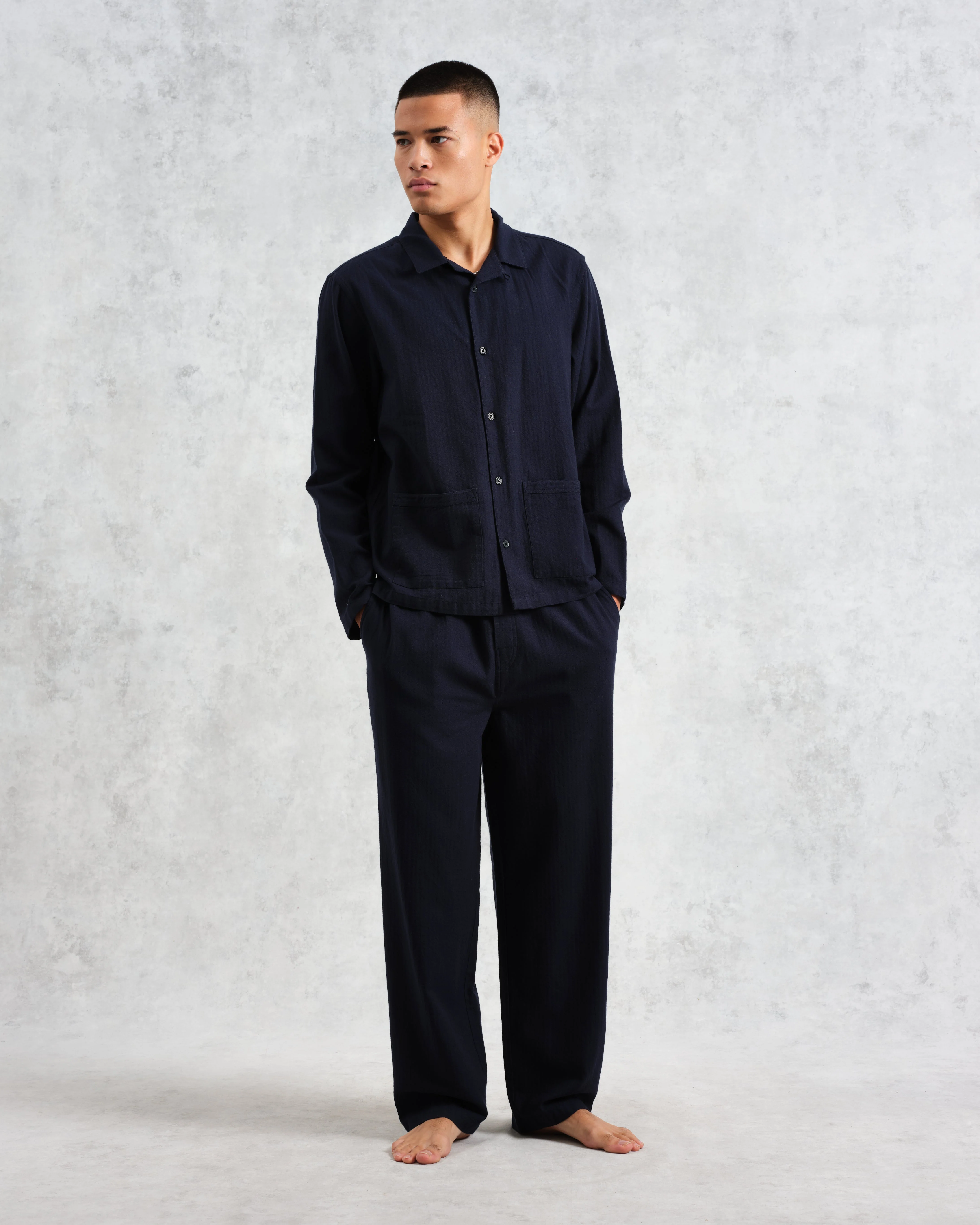 Ripley - Navy Brushed Herringbone Lounge Shirt - Image 4