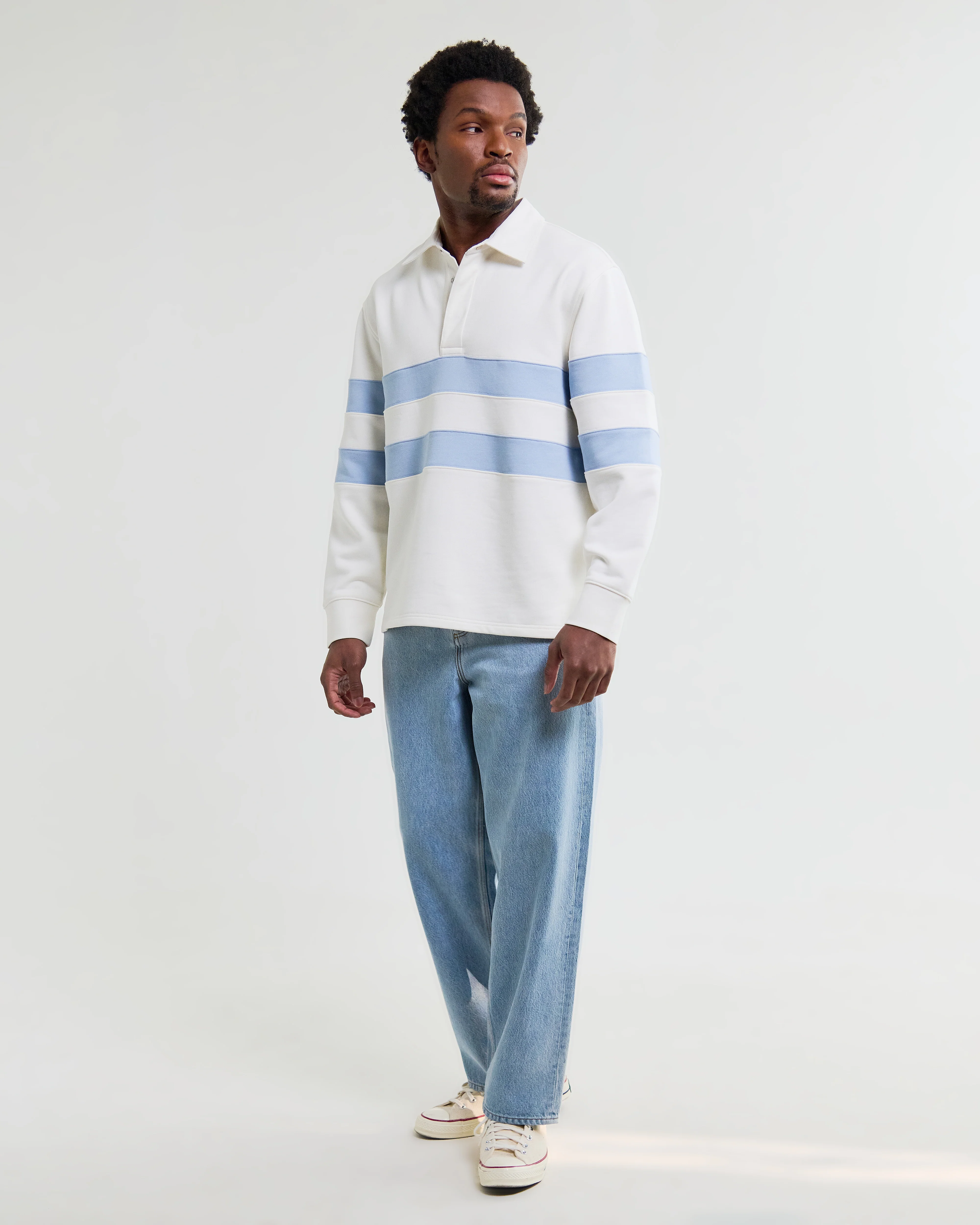 Rowhill - Ecru And Light Blue Stripe Loopback Rugby Shirt - Image 4