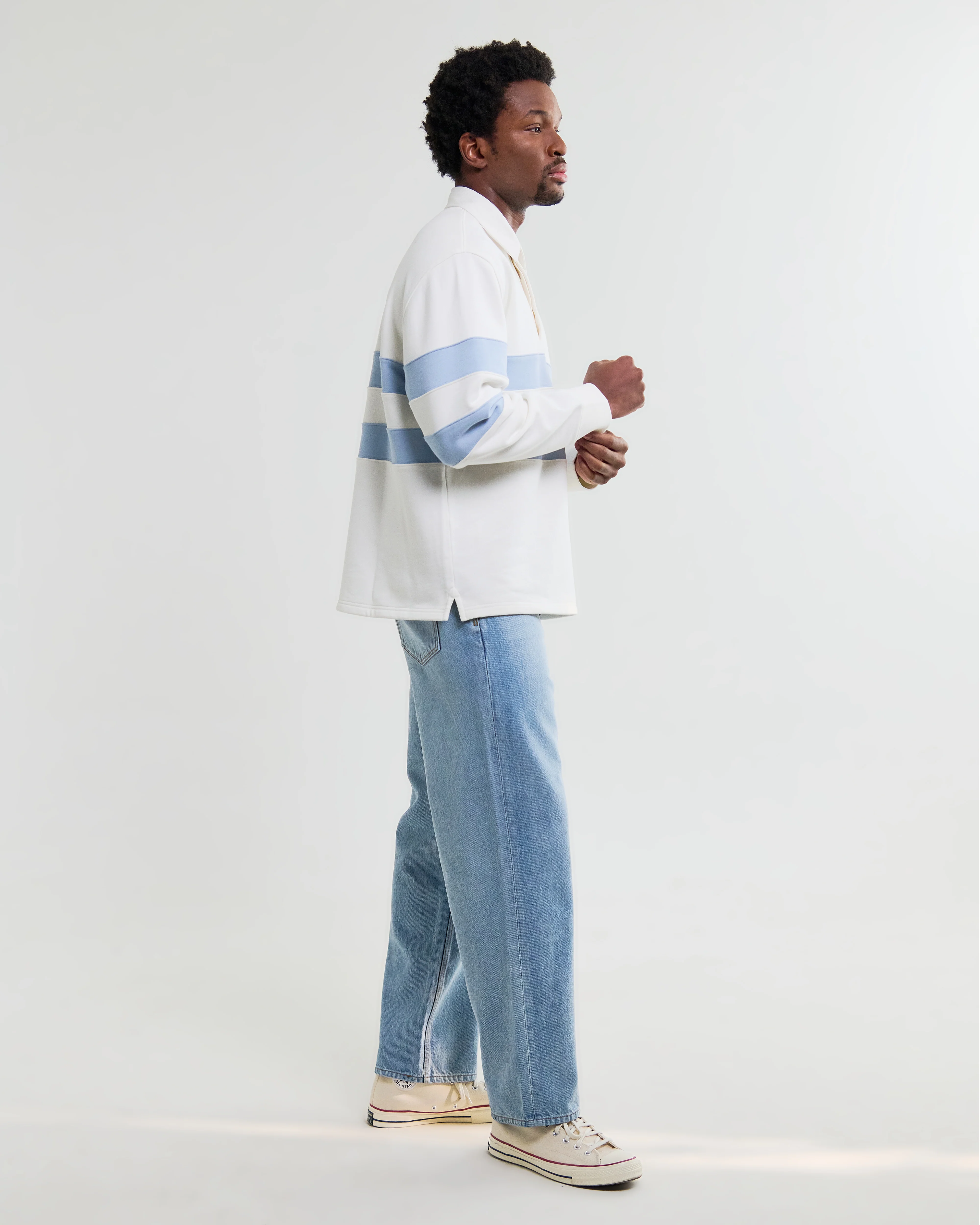 Rowhill - Ecru And Light Blue Stripe Loopback Rugby Shirt - Image 5