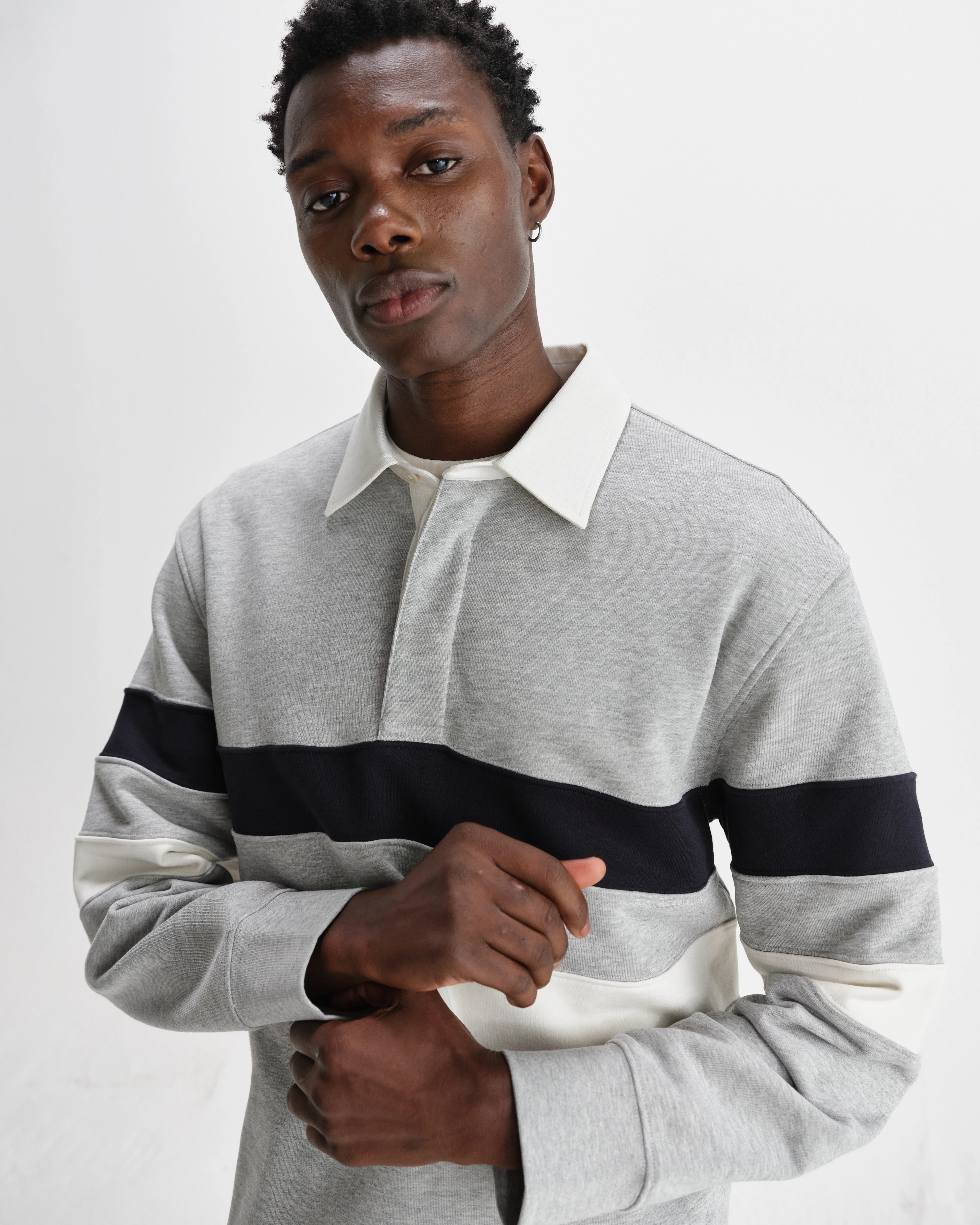 Rowhill - Grey Marl Stripe Panelled Loopback Rugby Shirt - Image 3