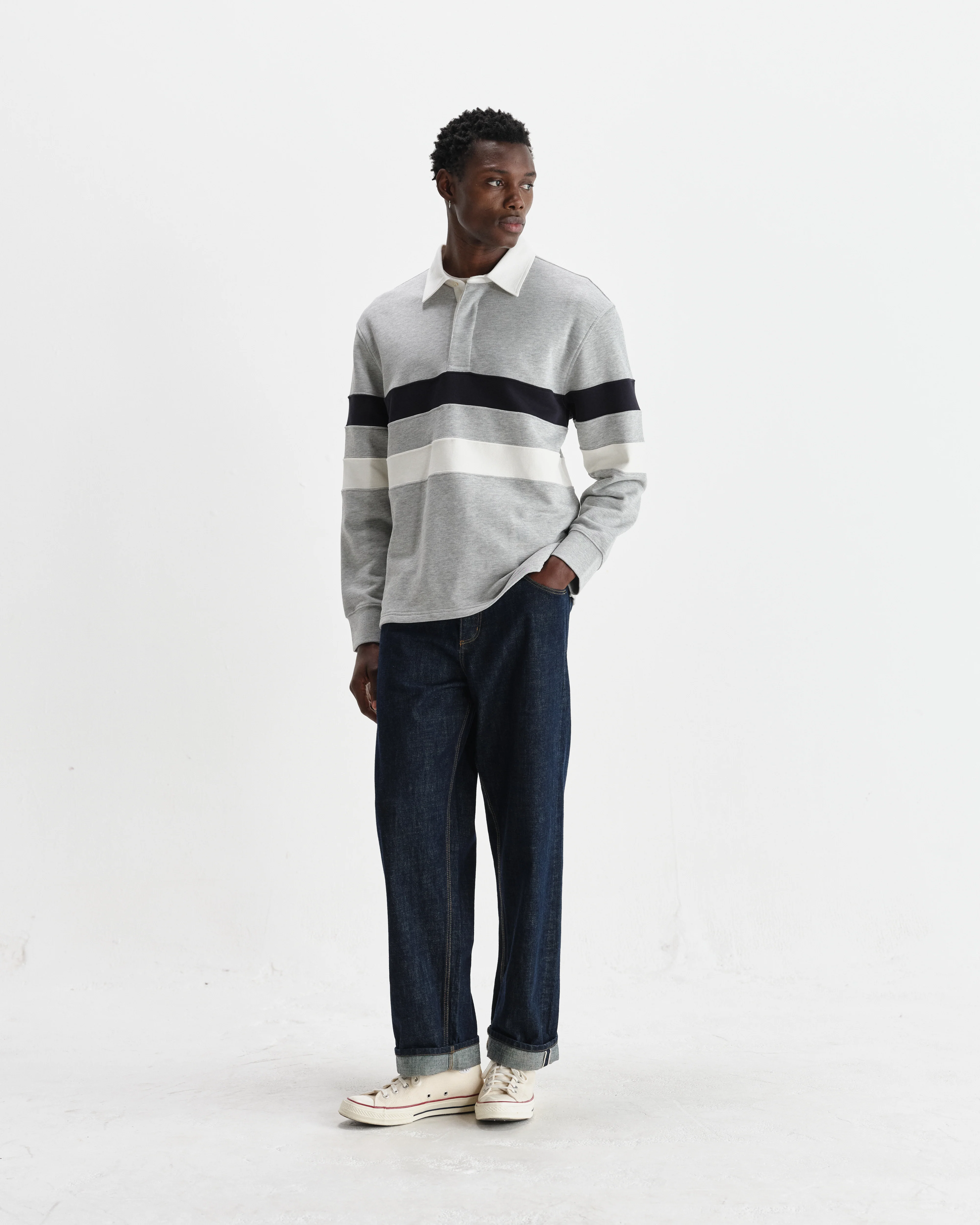 Rowhill - Grey Marl Stripe Panelled Loopback Rugby Shirt - Image 5