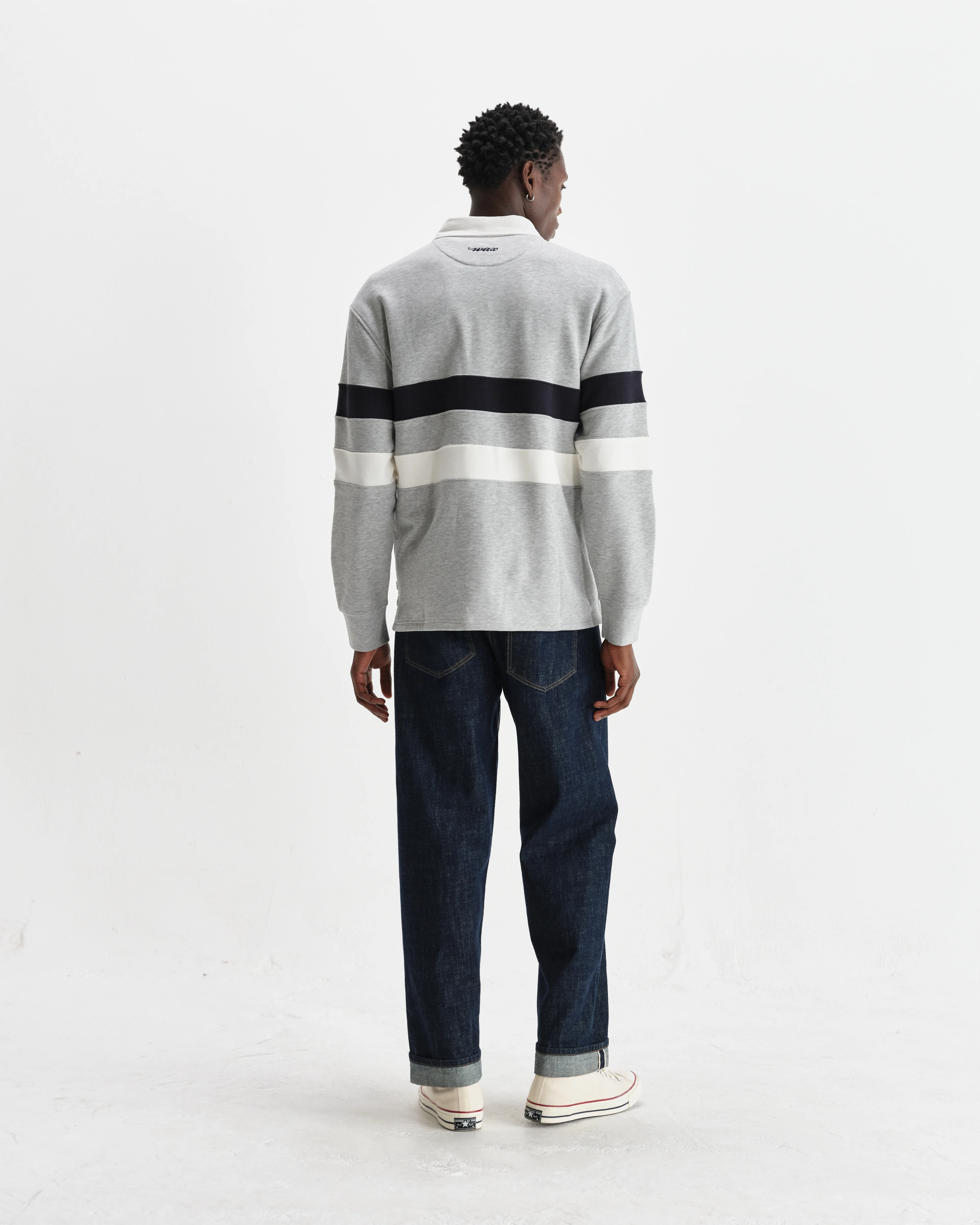 Rowhill - Grey Marl Stripe Panelled Loopback Rugby Shirt - Image 7