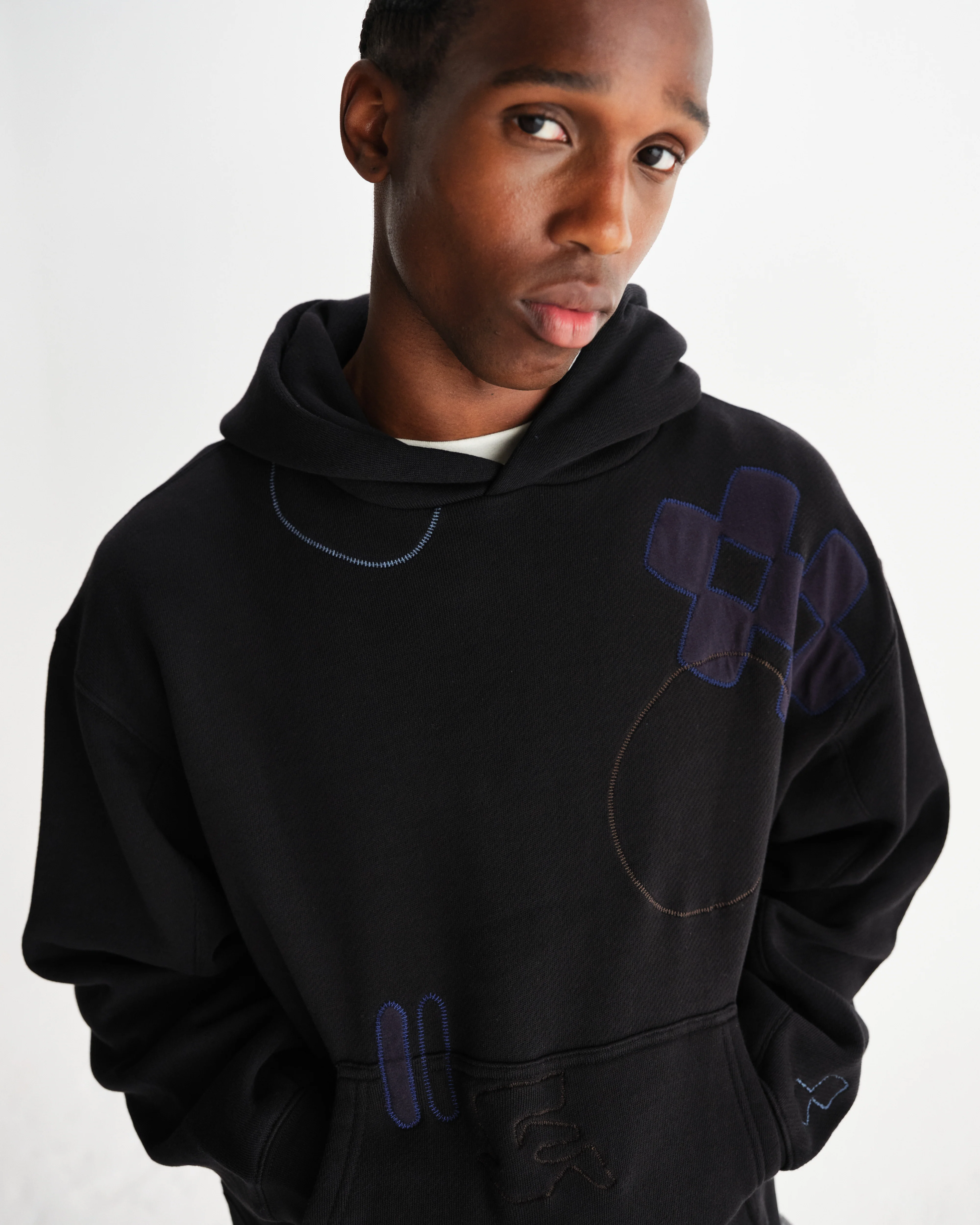 Rydal - Black Doodle Embroidered Loopback Cotton Hoodie - Image 3